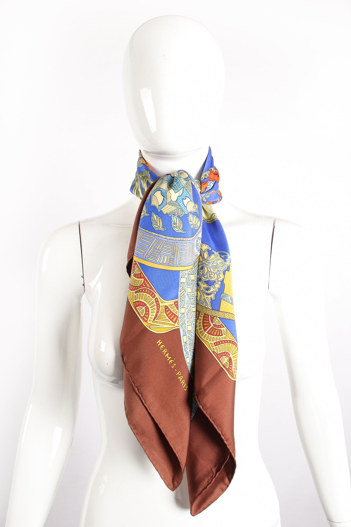 Vintage Hermes Annie Faivre  Art Des Steppes Silk Scarf on mannequin at Recess Los Angeles