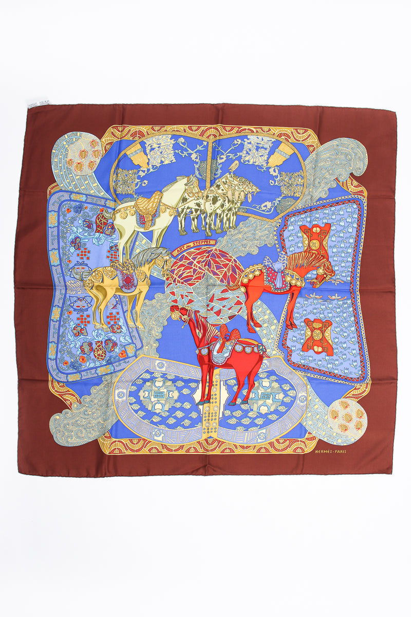 Vintage Hermes Annie Faivre  Art Des Steppes Silk Scarf flat at Recess Los Angeles