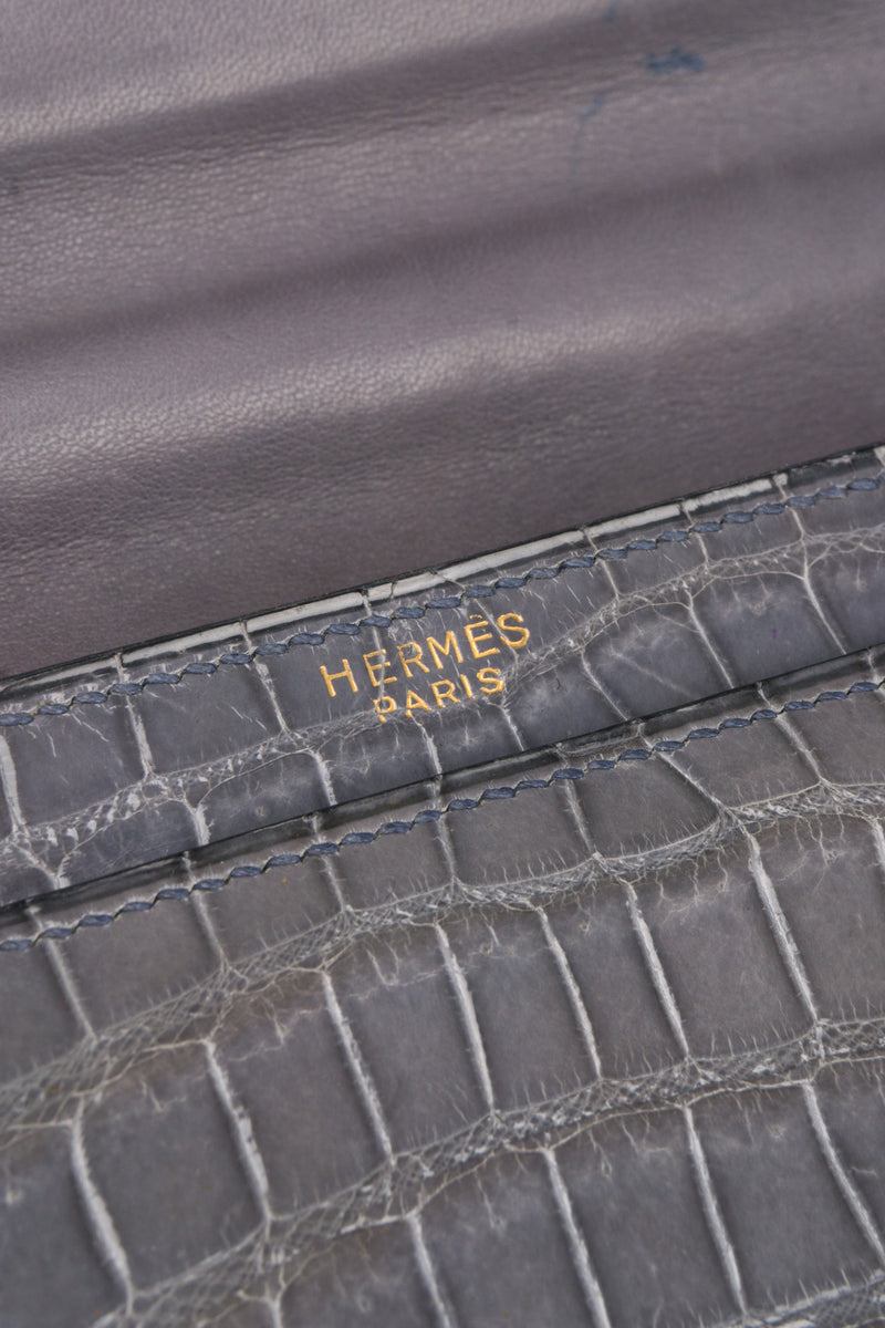 Hermès 1950s Elephant Grey Shiny Porosus Crocodile Demi Lune Handbag