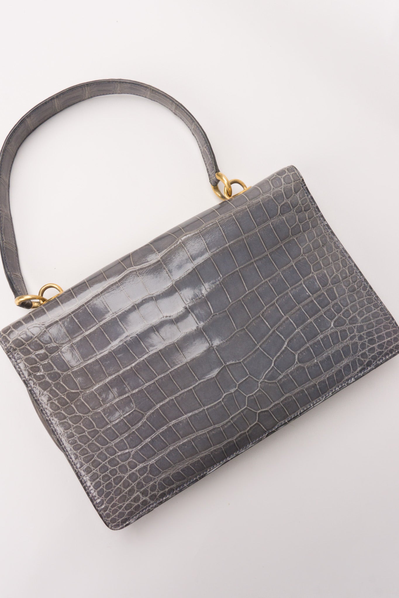 Hermès 1950s Elephant Grey Shiny Porosus Crocodile Demi Lune Handbag