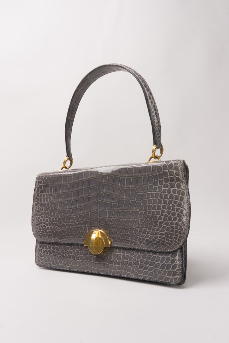 Hermès 1950s Elephant Grey Shiny Porosus Crocodile Demi Lune Handbag