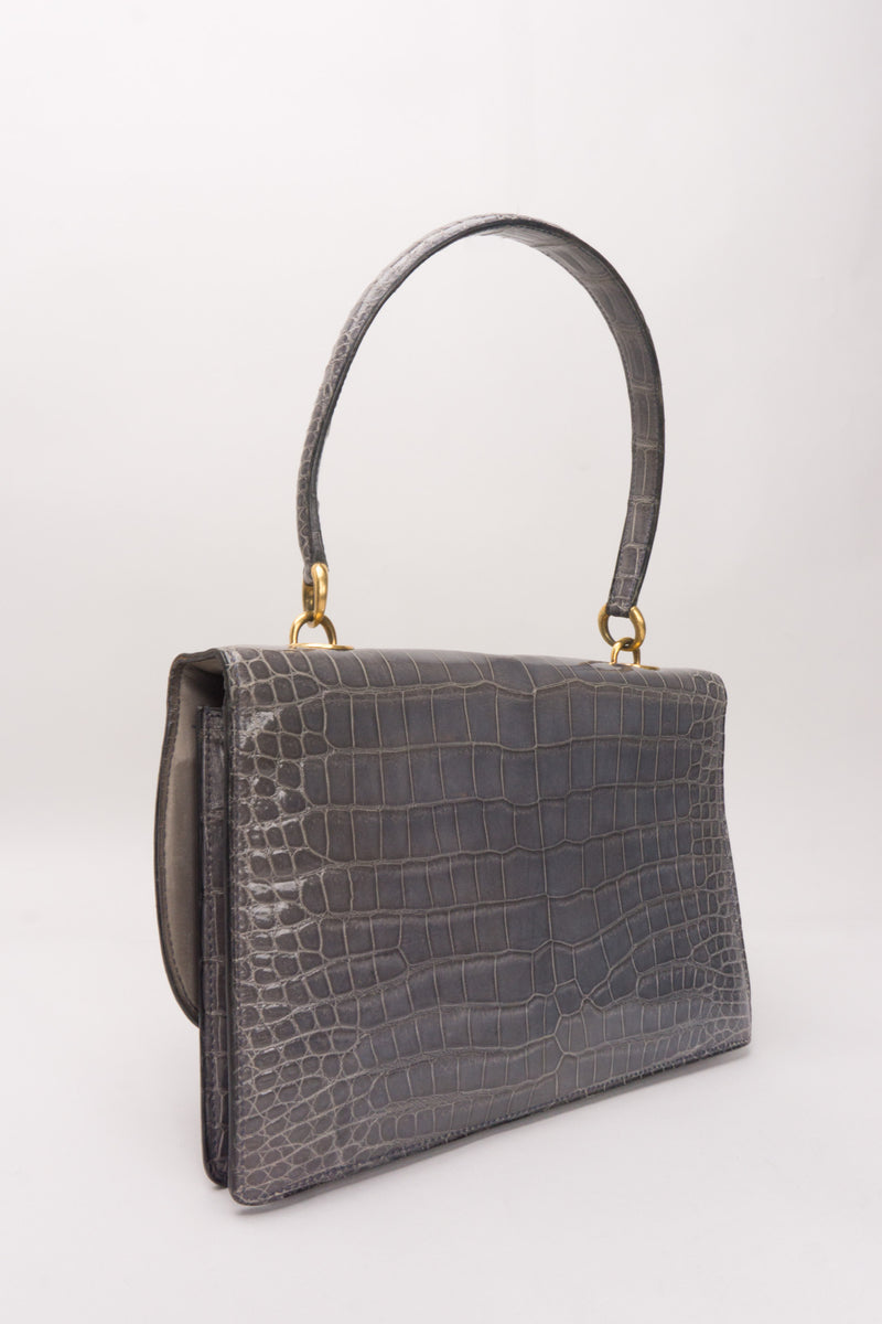 Hermès 1950s Elephant Grey Shiny Porosus Crocodile Demi Lune Handbag