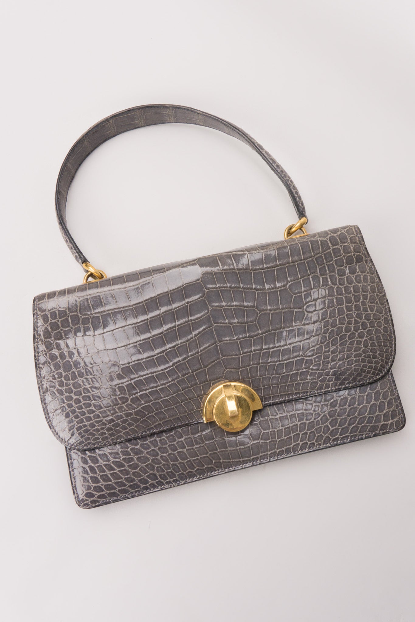 Hermès 1950s Elephant Grey Shiny Porosus Crocodile Demi Lune Handbag