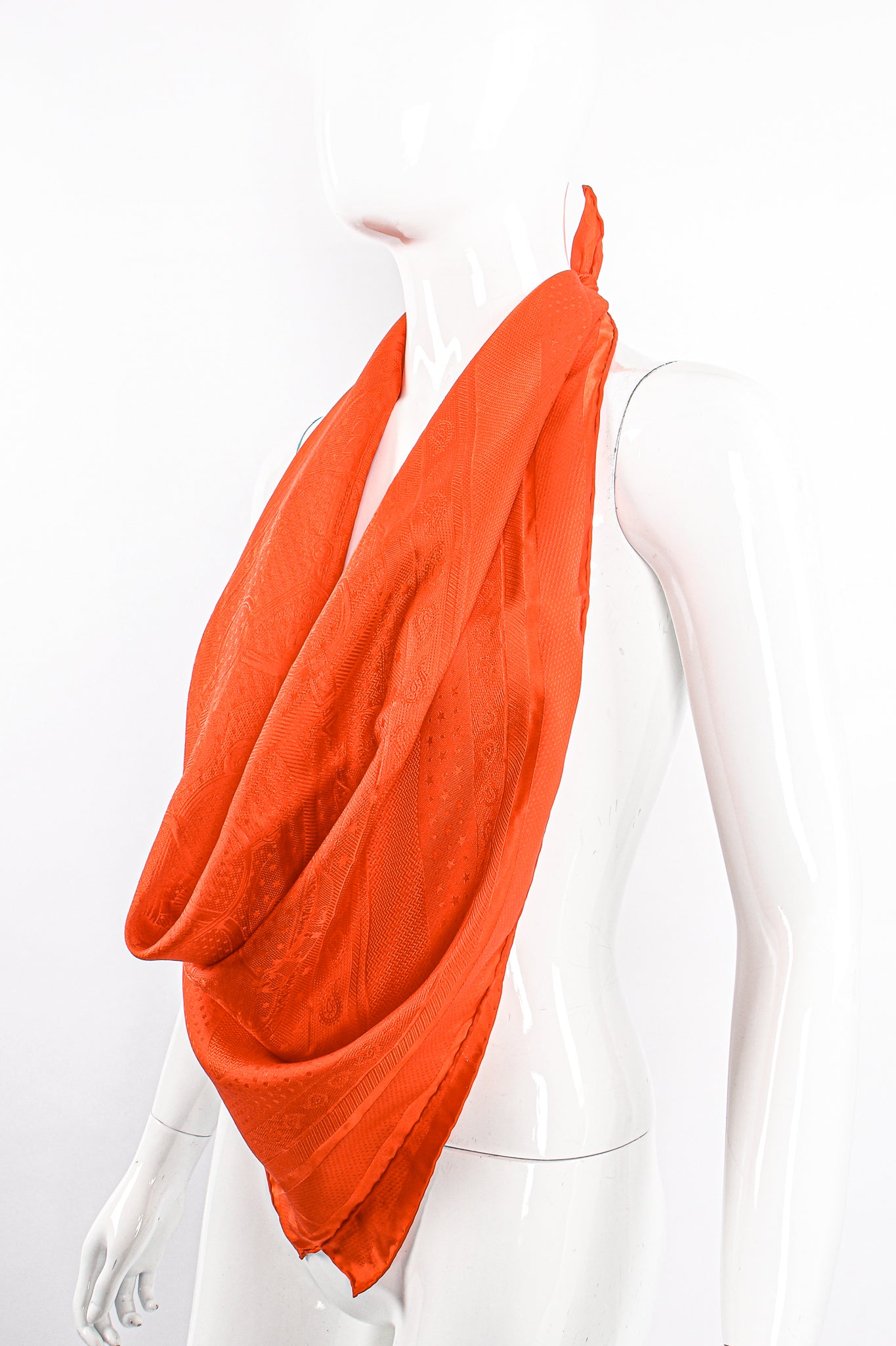 Vintage Hermes Classic Orange Jacquard Scarf on Mannequin at Recess Los Angeles