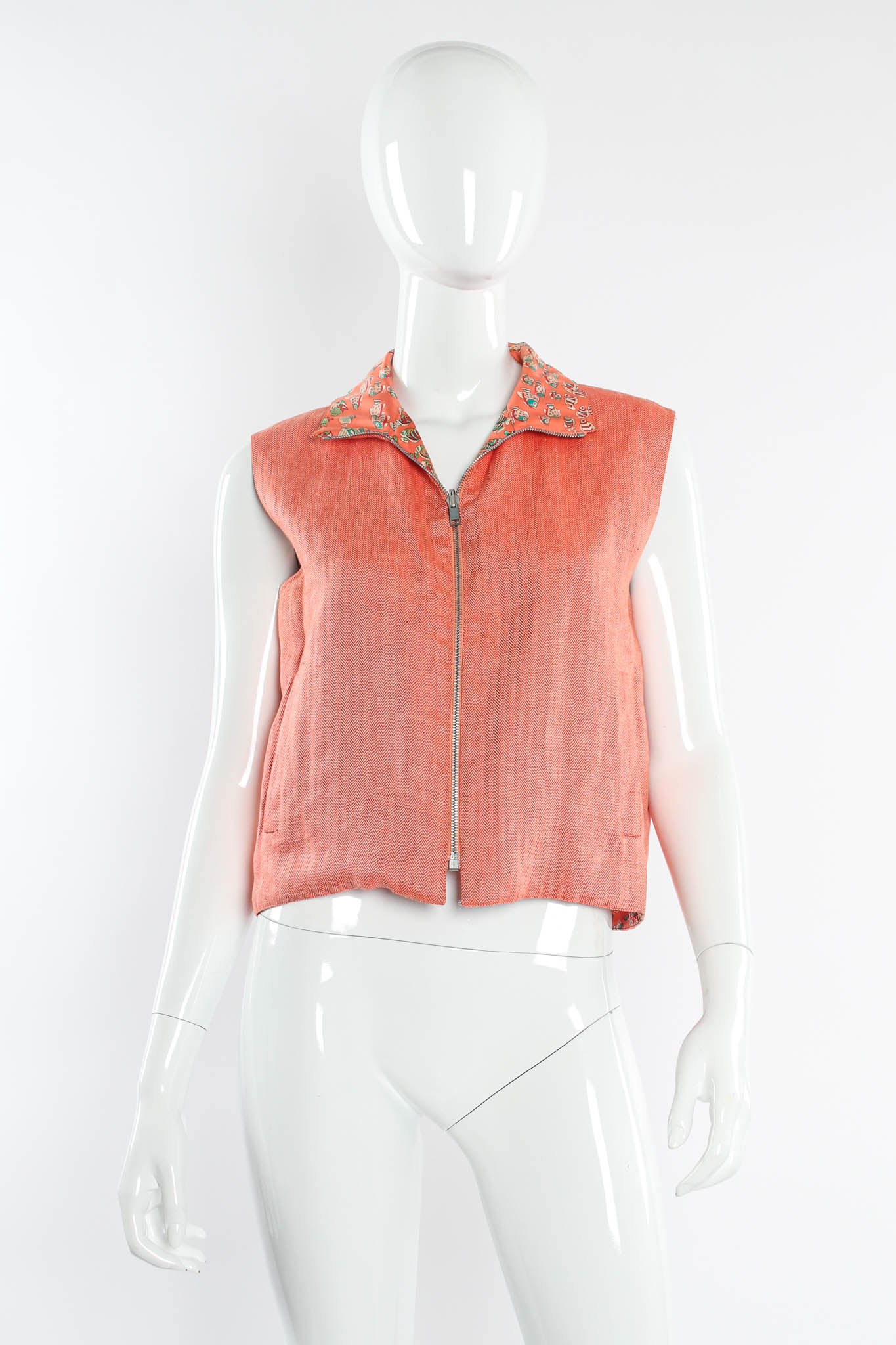 Vintage Hermés Reversible Silk Clownfish Vest mannequin front chevron print  @ Recess Los Angeles