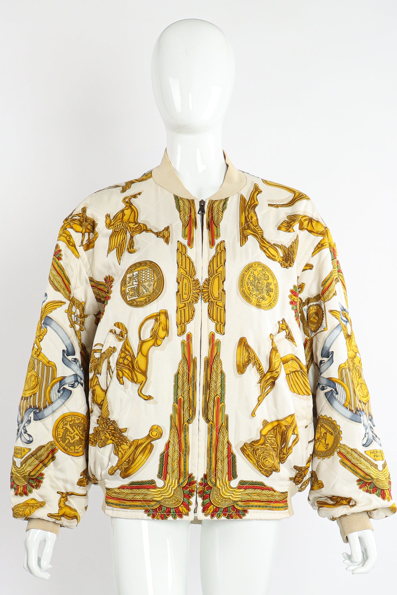 Vintage Hermés Baroque Pegasus Bomber Jacket on Mannequin front at Recess Los Angeles