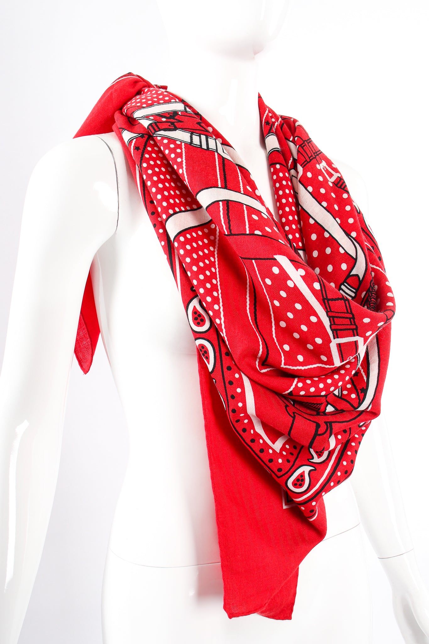 Vintage Hermes Oversized Red Grand Manège Scarf on mannequin at Recess Los Angeles