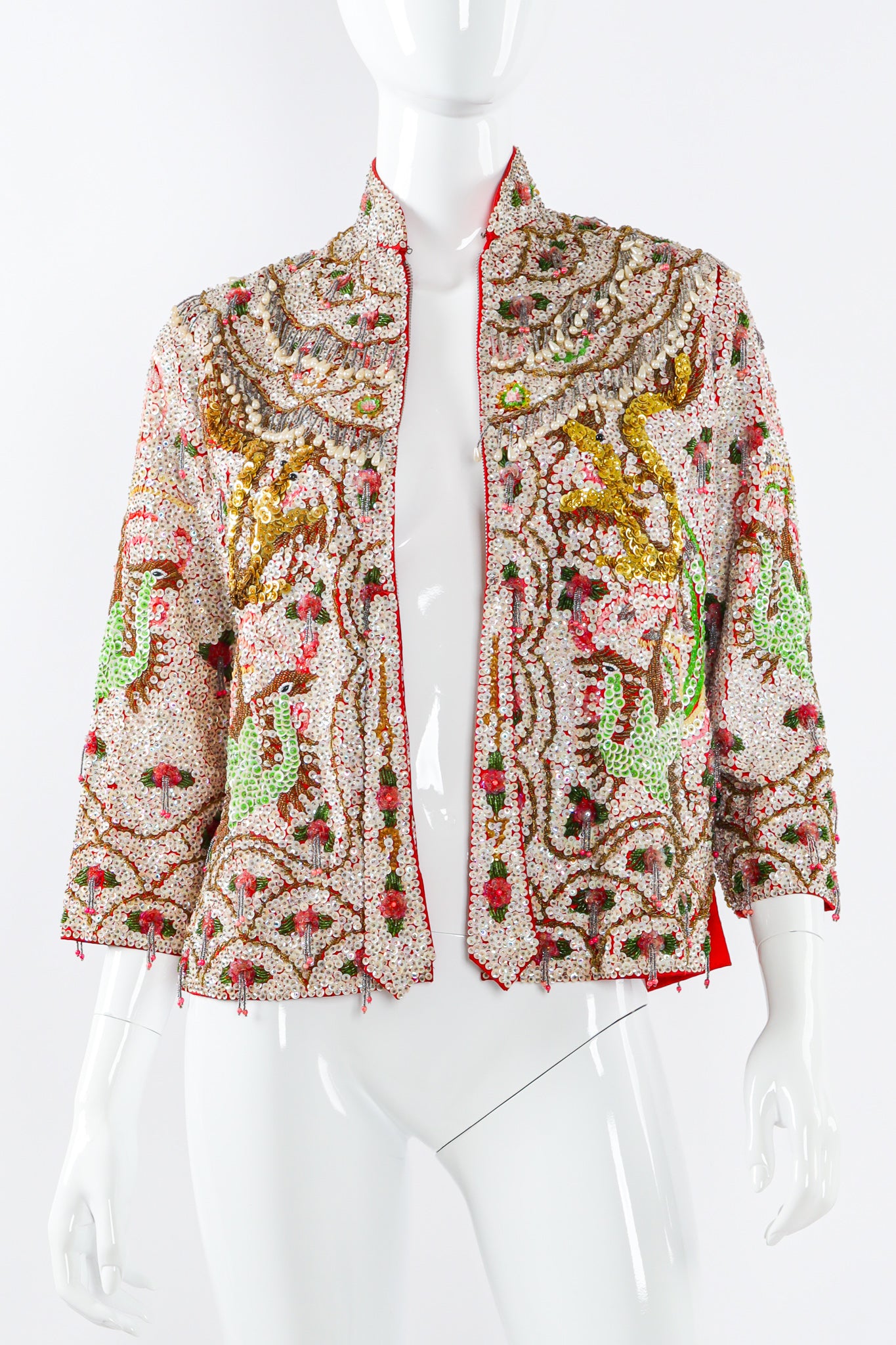 Vintage Mandarin Hibiscus Sequined Jacket on mannequin front at Recess Los Angeles