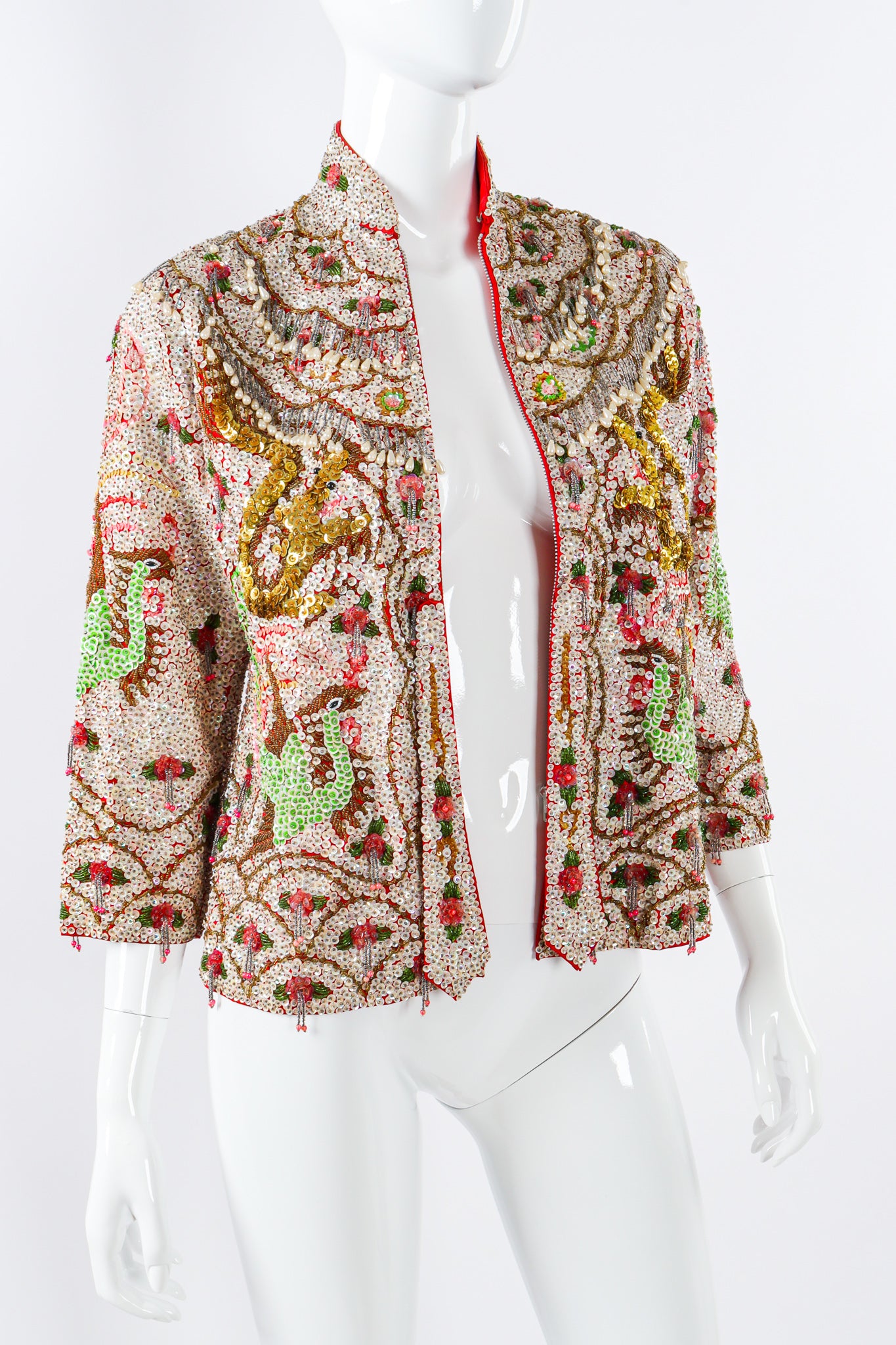 Vintage Mandarin Hibiscus Sequined Jacket on mannequin front at Recess Los Angeles