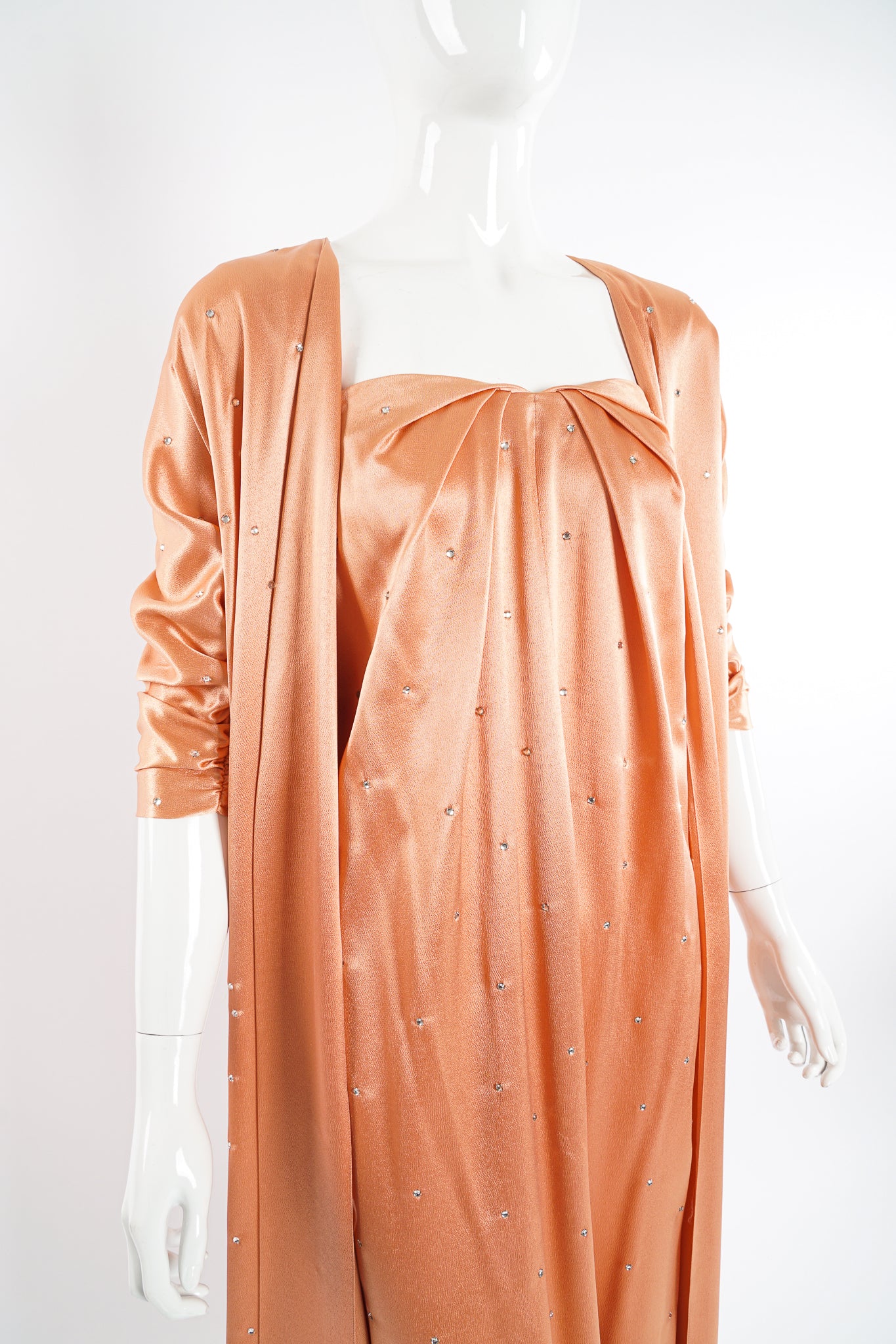 Vintage Holly's Harp Peach Satin Duster & Dress Set on Mannequin crop at Recess Los Angeles