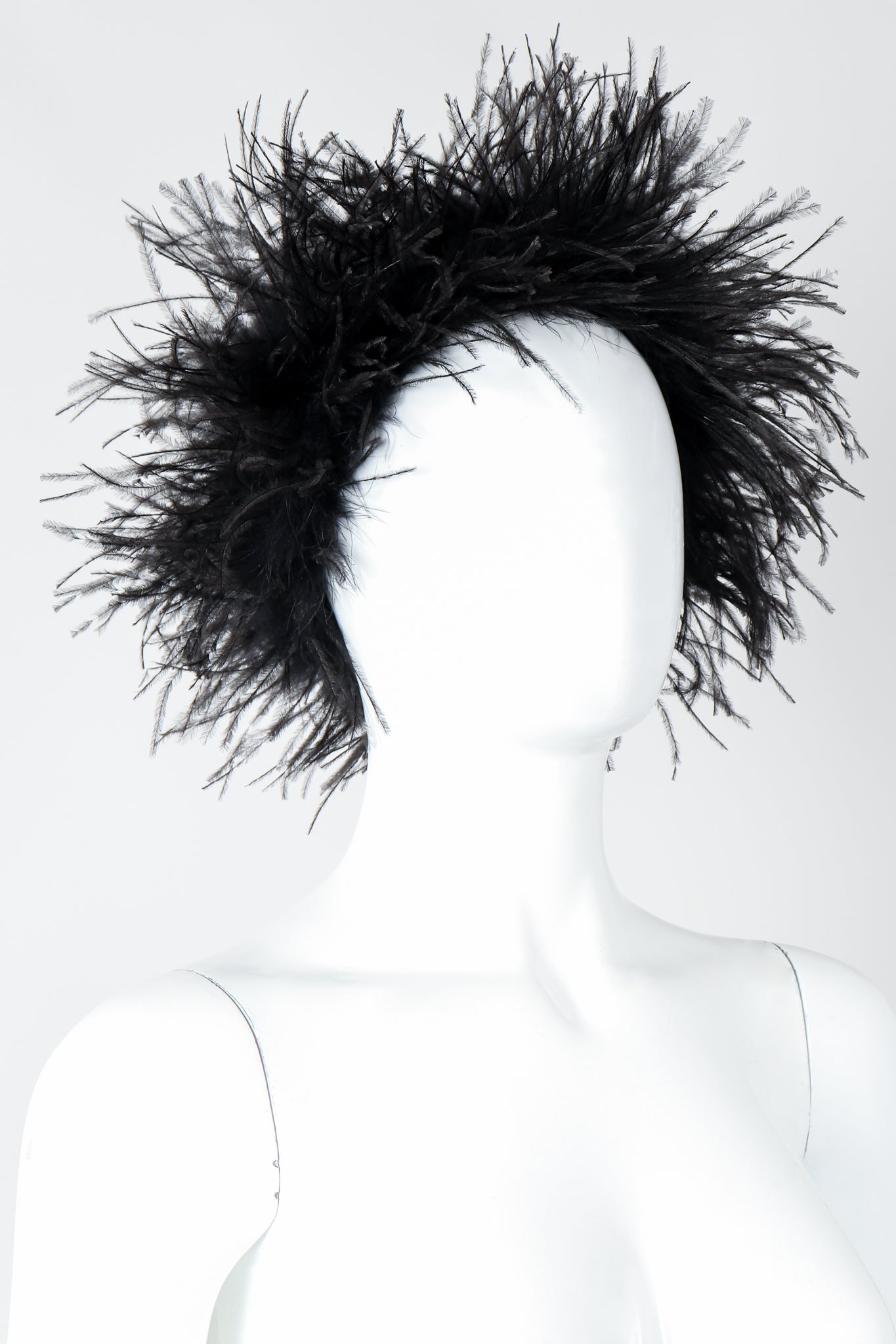 Vintage I.Magnin Ostrich Feather Urchin Hat on Mannequin Angled At Recess Los Angeles