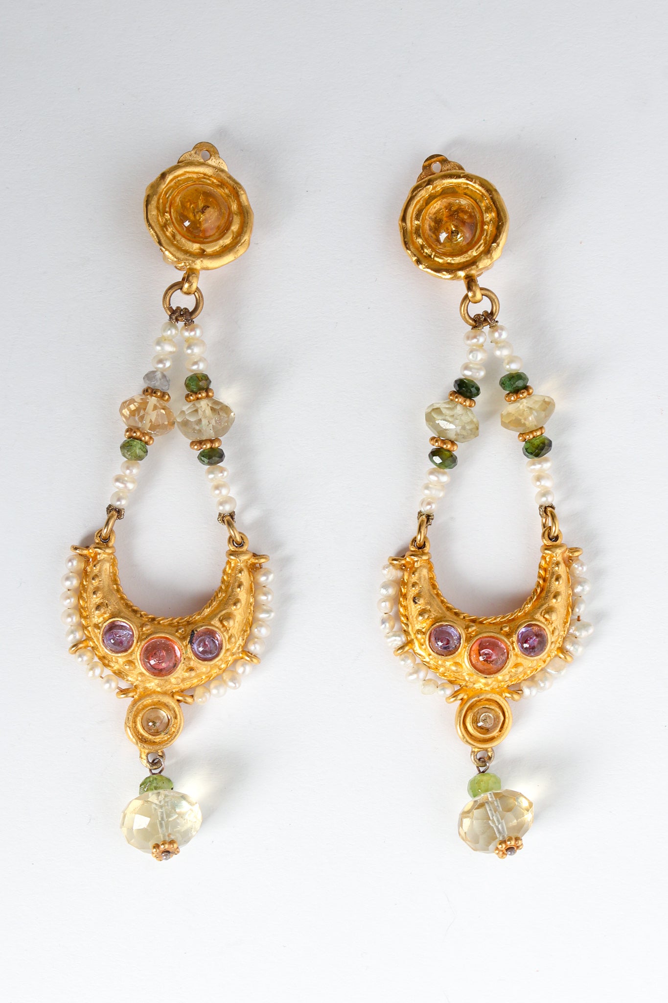 Vintage Unsigned Deanna Hamro Moon Crystal Chandelier Earrings flat front @ Recess LA