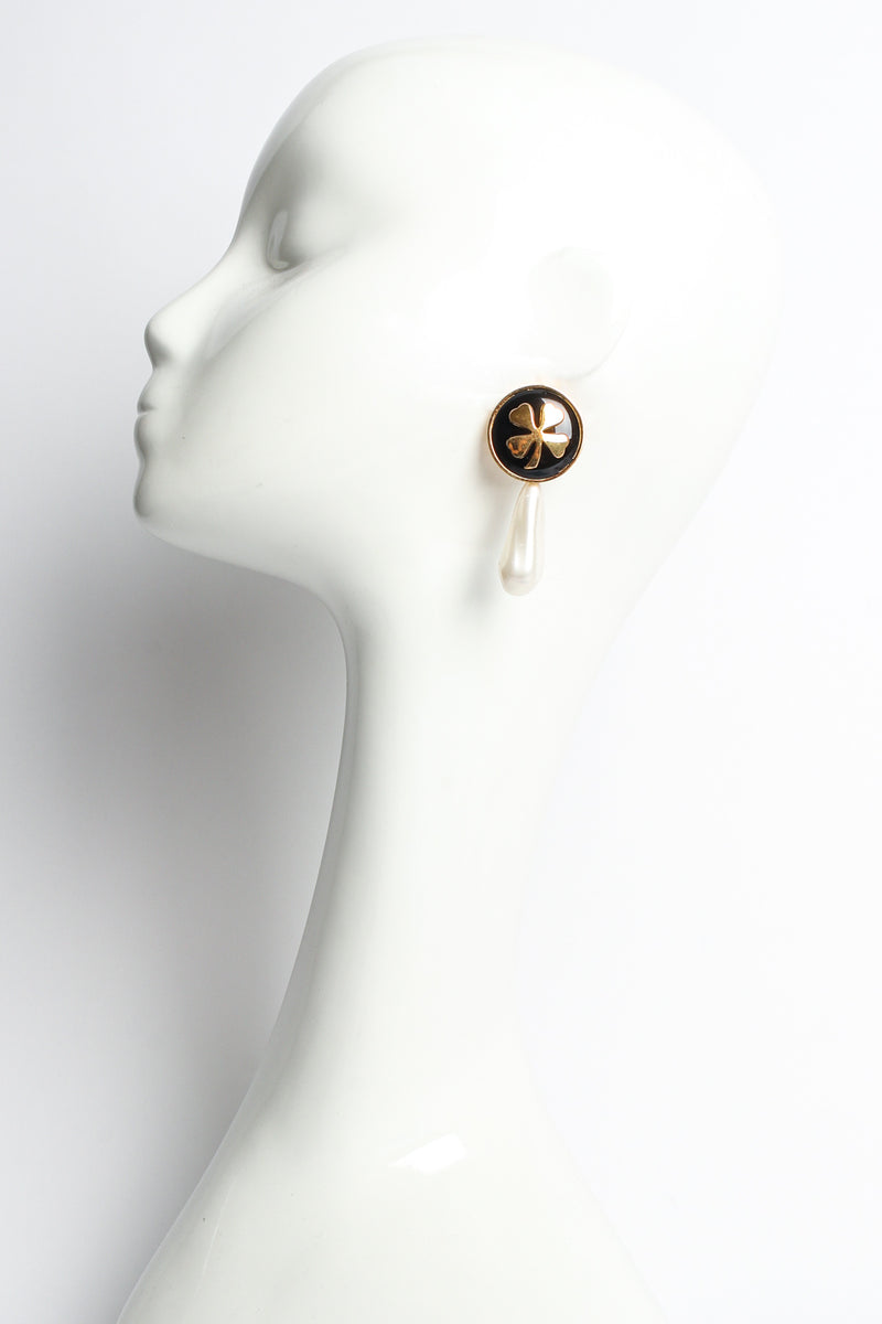 Vintage Chanel Lucky Clover Pearl Drop Earrings mannequin @ Recess LA