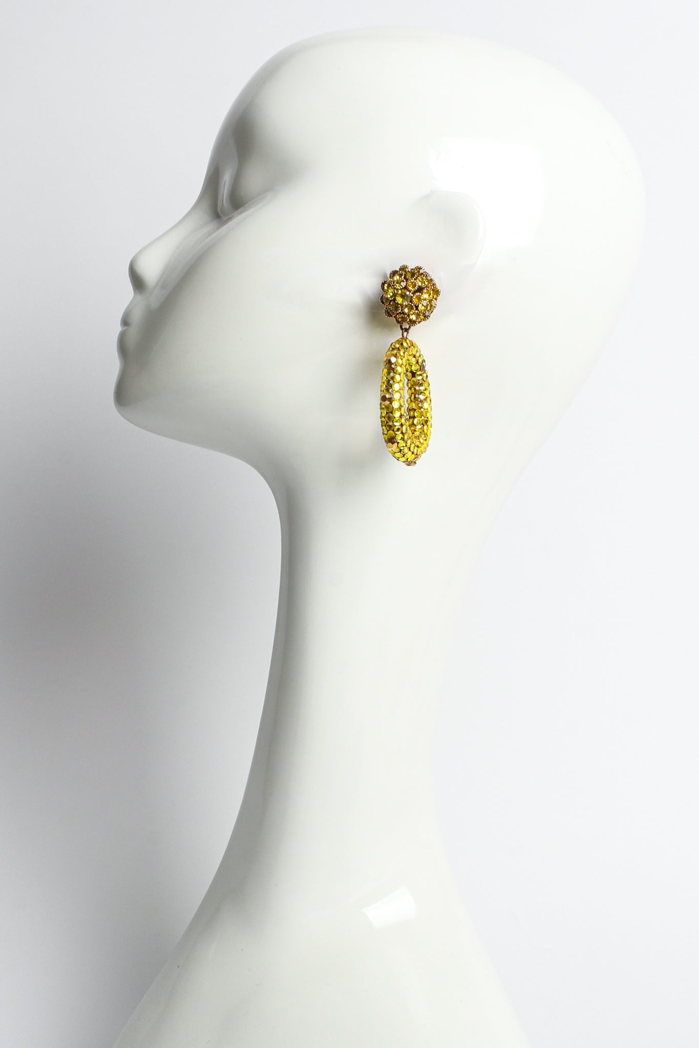 Vintage Rhinestone Chartreuse Hoop Earrings on mannequin @ Recess Los Angeles