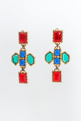 Vintage Yves Saint Laurent Geo Jeweled Cross Dangle Earrings front hang @ Recess LA