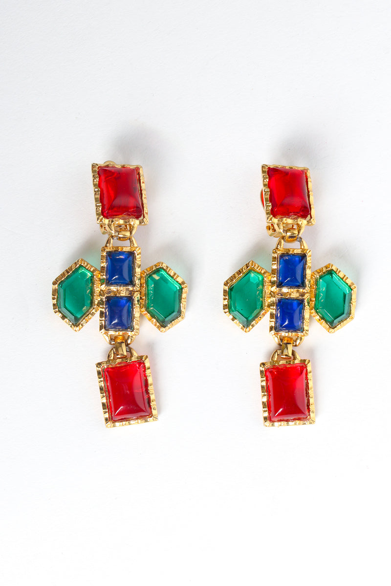 Vintage Yves Saint Laurent Geo Jeweled Cross Dangle Earrings flat front @ Recess LA