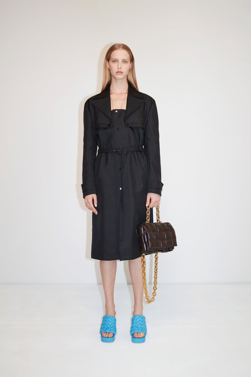 2020 F/W Padded Leather Cassette Bag on model from Bottega Veneta 2020 pre fall runway archive