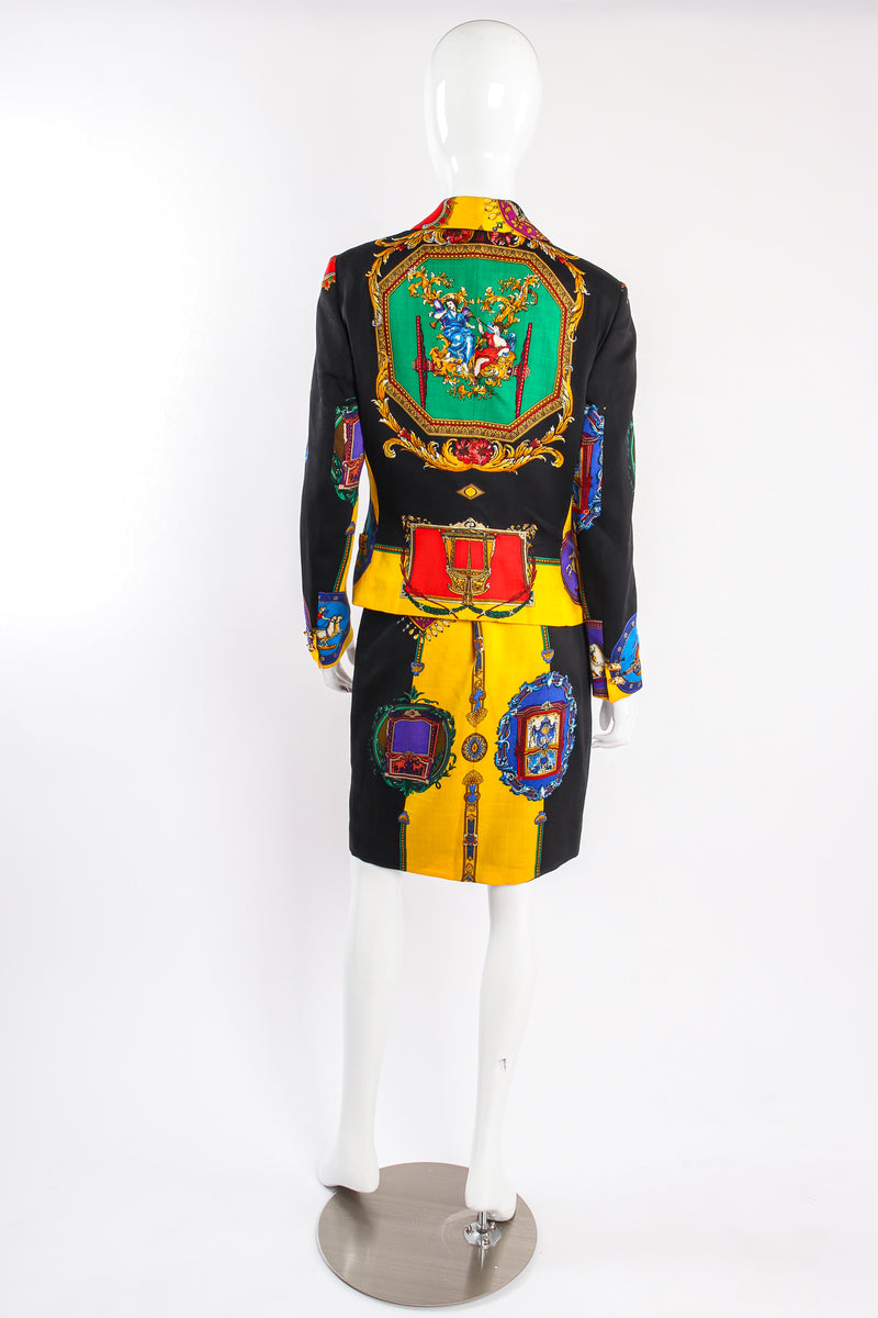 Vintage Istante Versace Rainbow Baroque Print Jacket & Skirt Suit on mannequin back at Recess LA