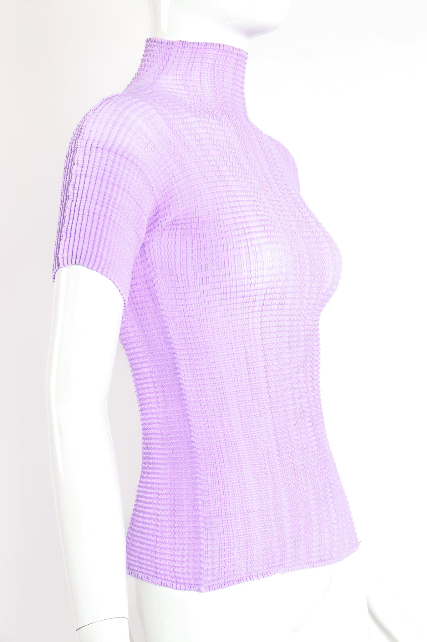 Vintage Issey Miyake Fete Lavender Pleated Turtleneck Top on Mannequin Side at Recess Los Angeles