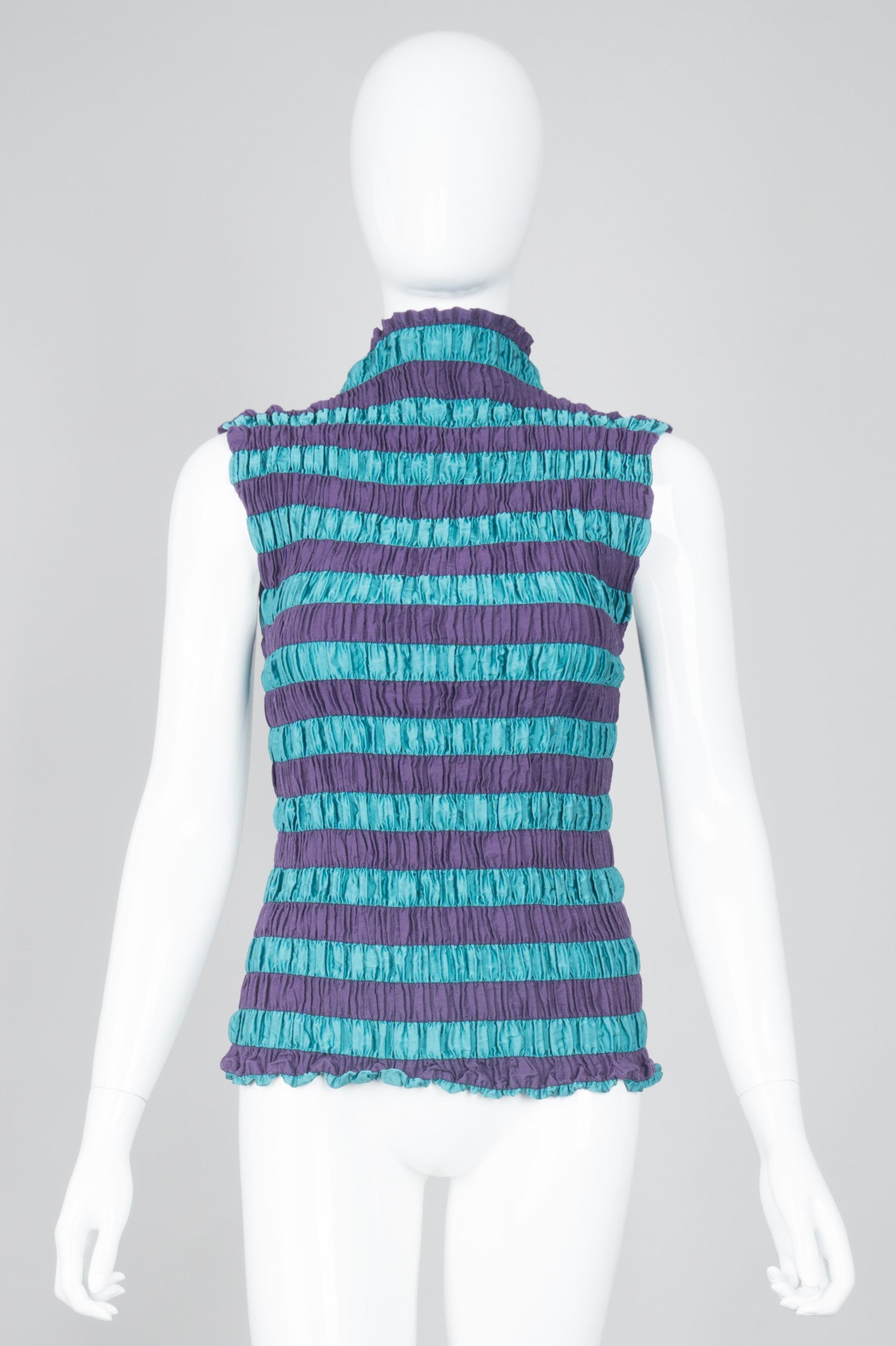 Issey Miyake Shirred Pleated Stripe Sleeveless Top