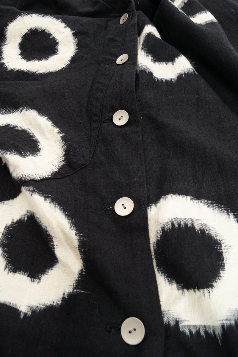 Vintage Issey Miyake Kasuri Shibori Style Draped Dress button detail at Recess Los Angeles