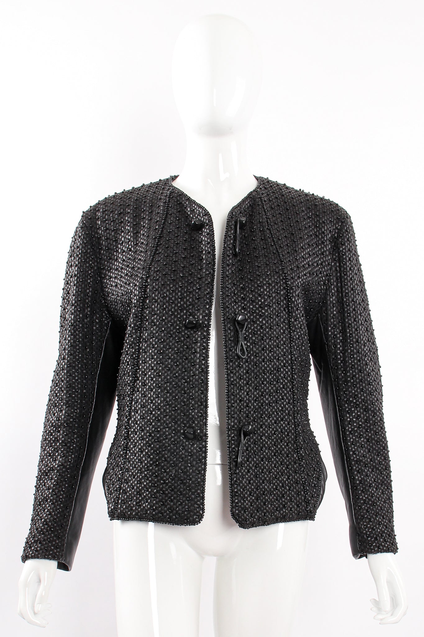 Vintage Issey Miyake Beaded Woven Leather Jacket on Mannequin front at Recess Los Angeles