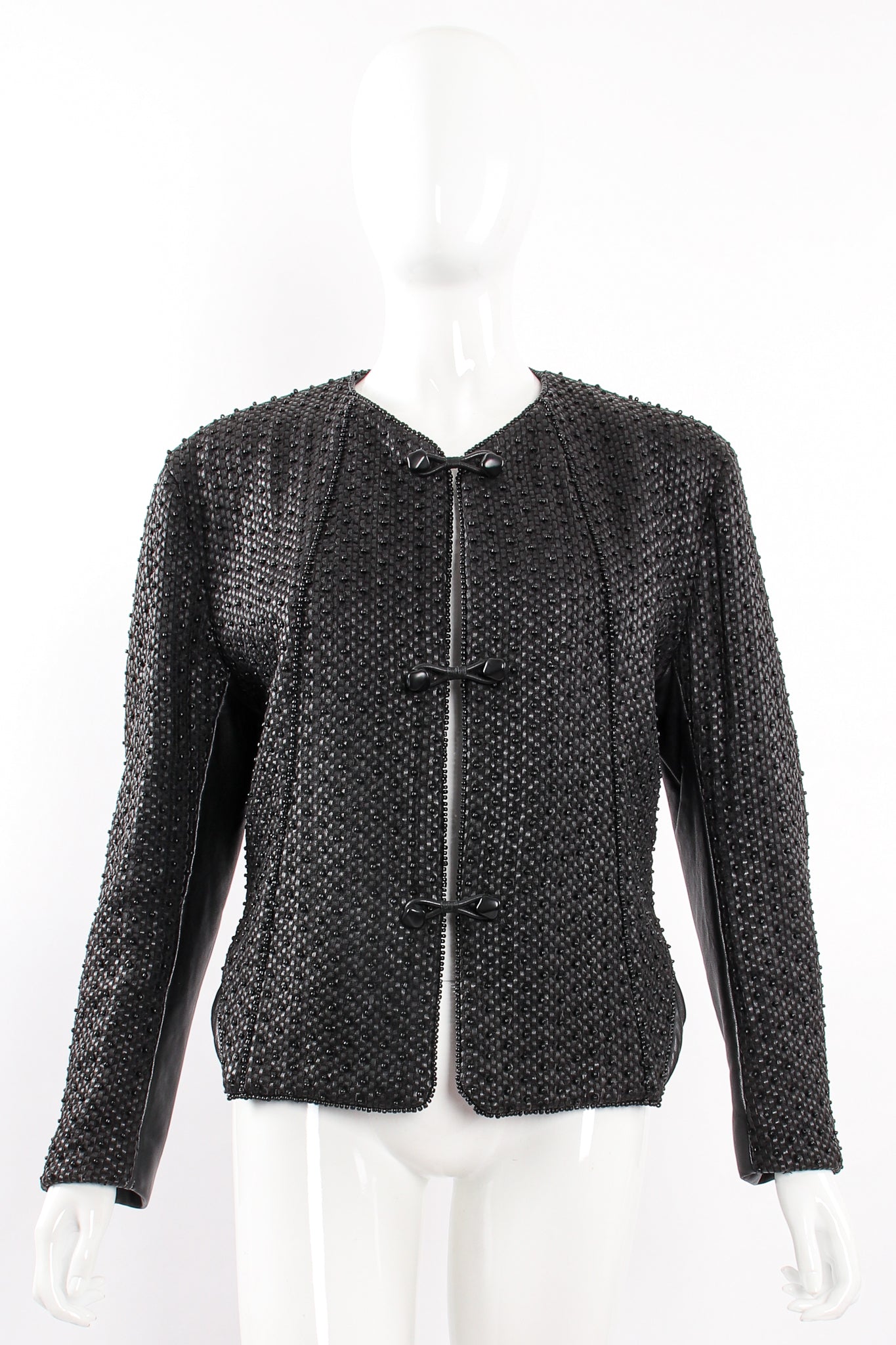 Vintage Issey Miyake Beaded Woven Leather Jacket on Mannequin front at Recess Los Angeles