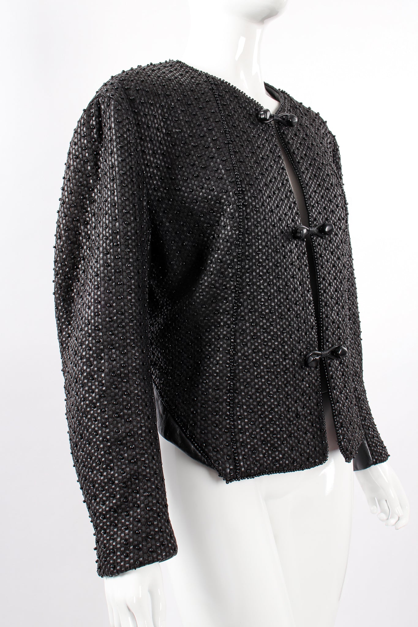 Vintage Issey Miyake Beaded Woven Leather Jacket on Mannequin angle at Recess Los Angeles