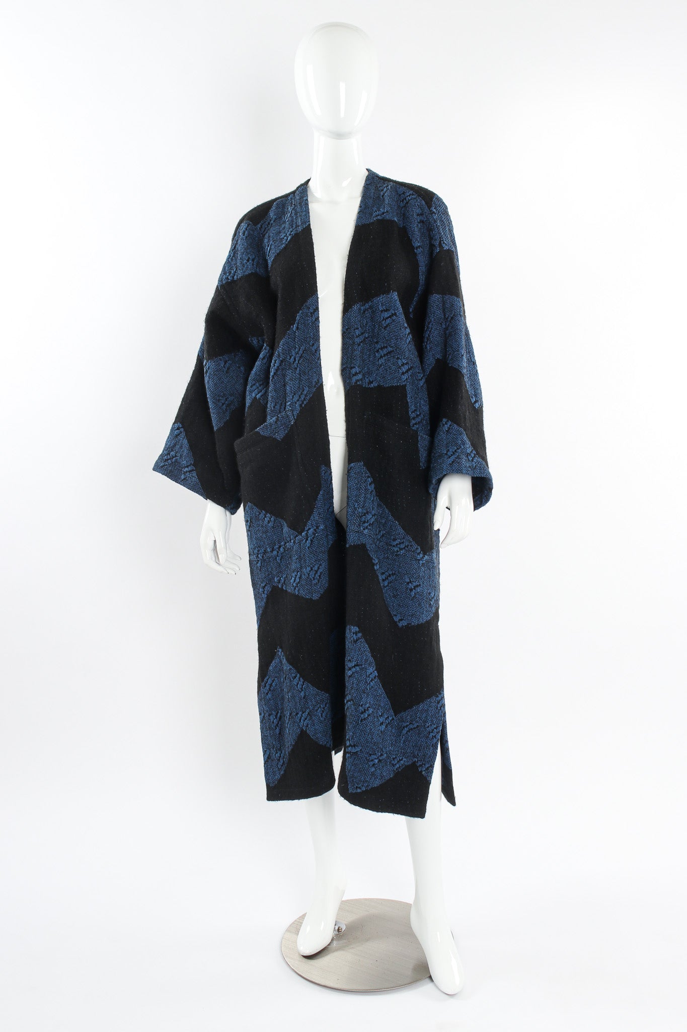 Vintage Issey Miyake 1980s Geo Stripe Textured Linen Duster mannequin front @ Recess LA