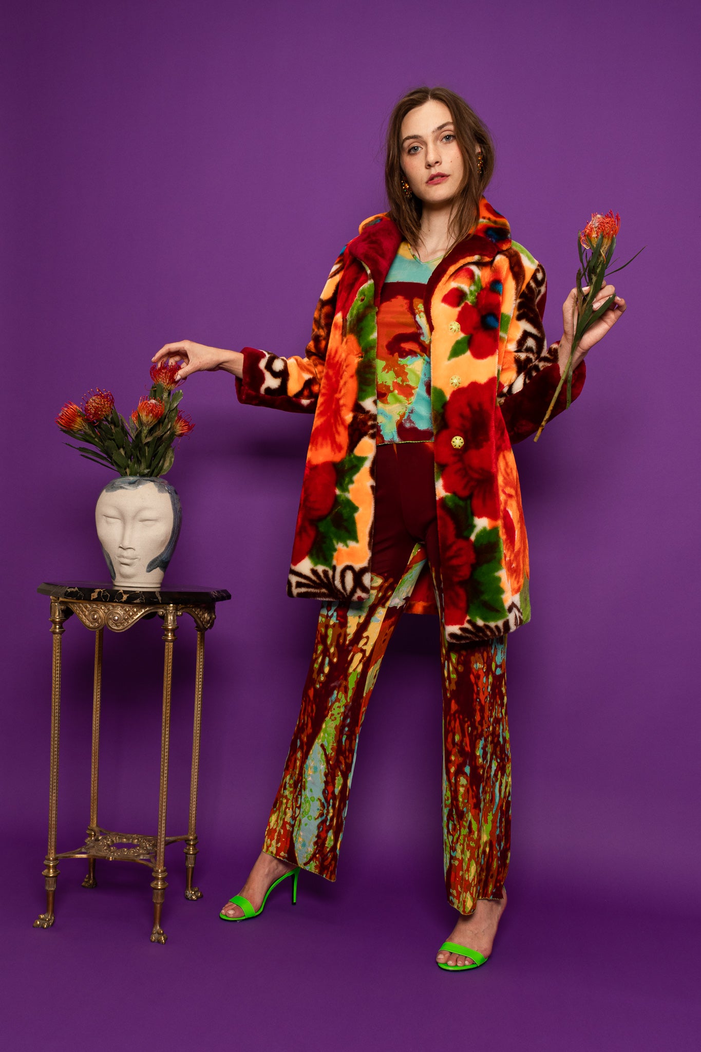 Vintage Claude D'Alban Floral Faux Fur Fleece Coat on Model @ Recess LA