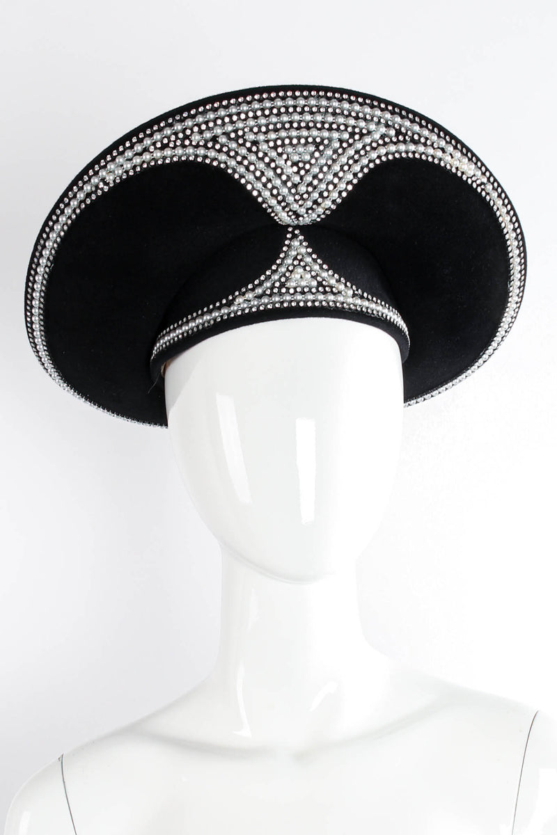 Vintage Jack McConnell Crystal Pearl Studded Halo Hat on mannequin at Recess Los Angeles