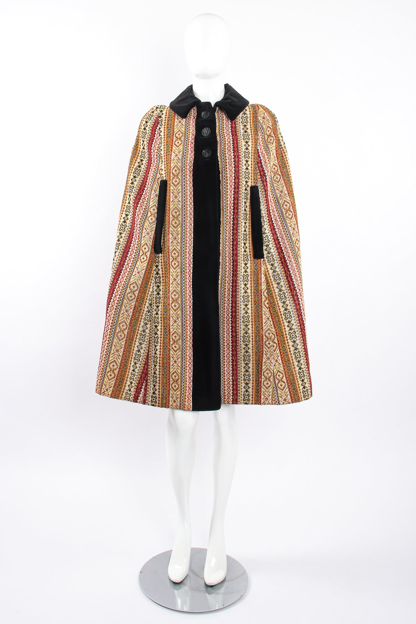 Vintage Jacob Diamond Velvet Tapestry Carpet Cape on Mannequin front at Recess Los Angeles