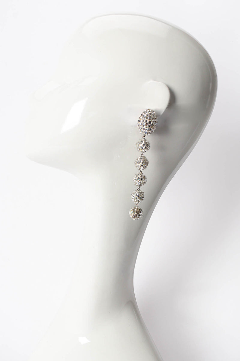 Vintage James Arpad Long Rhinestone Ball Drop Earrings on mannequin at Recess Los Angeles