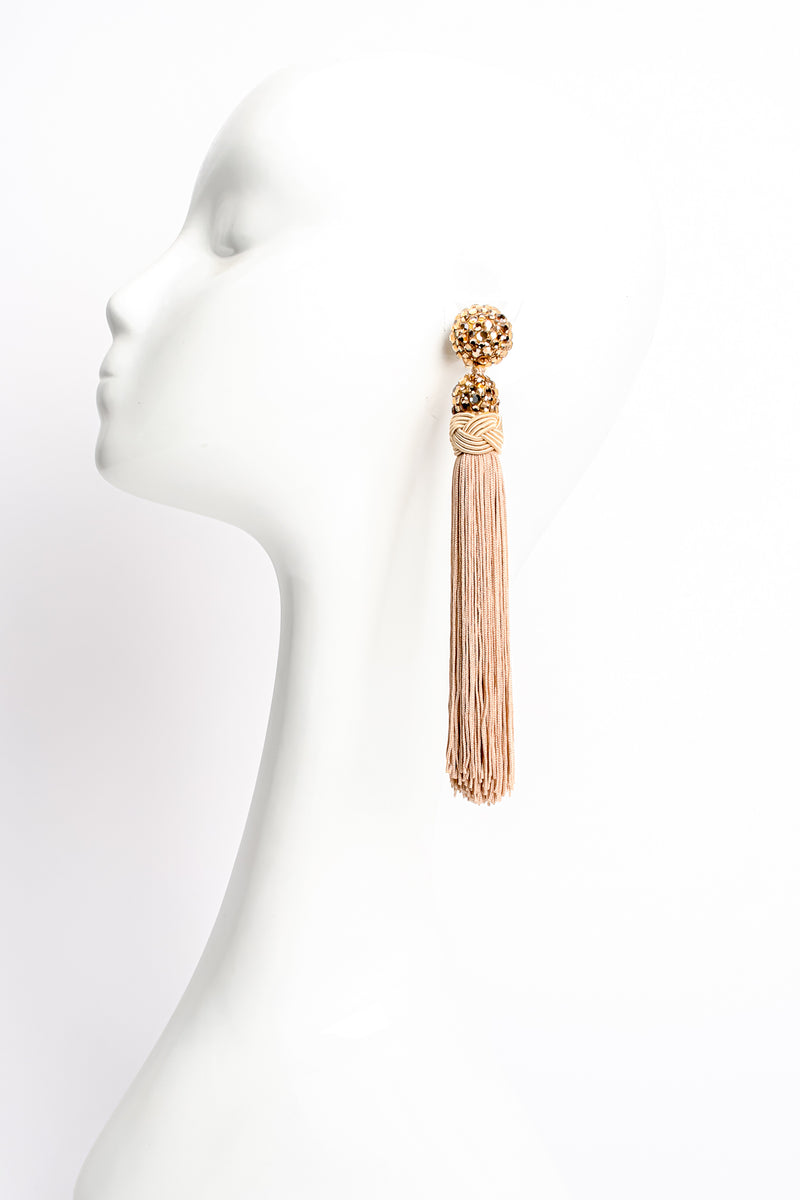 Vintage James Arpad Blush Long Tassel Earrings on mannequin at Recess Los Angeles