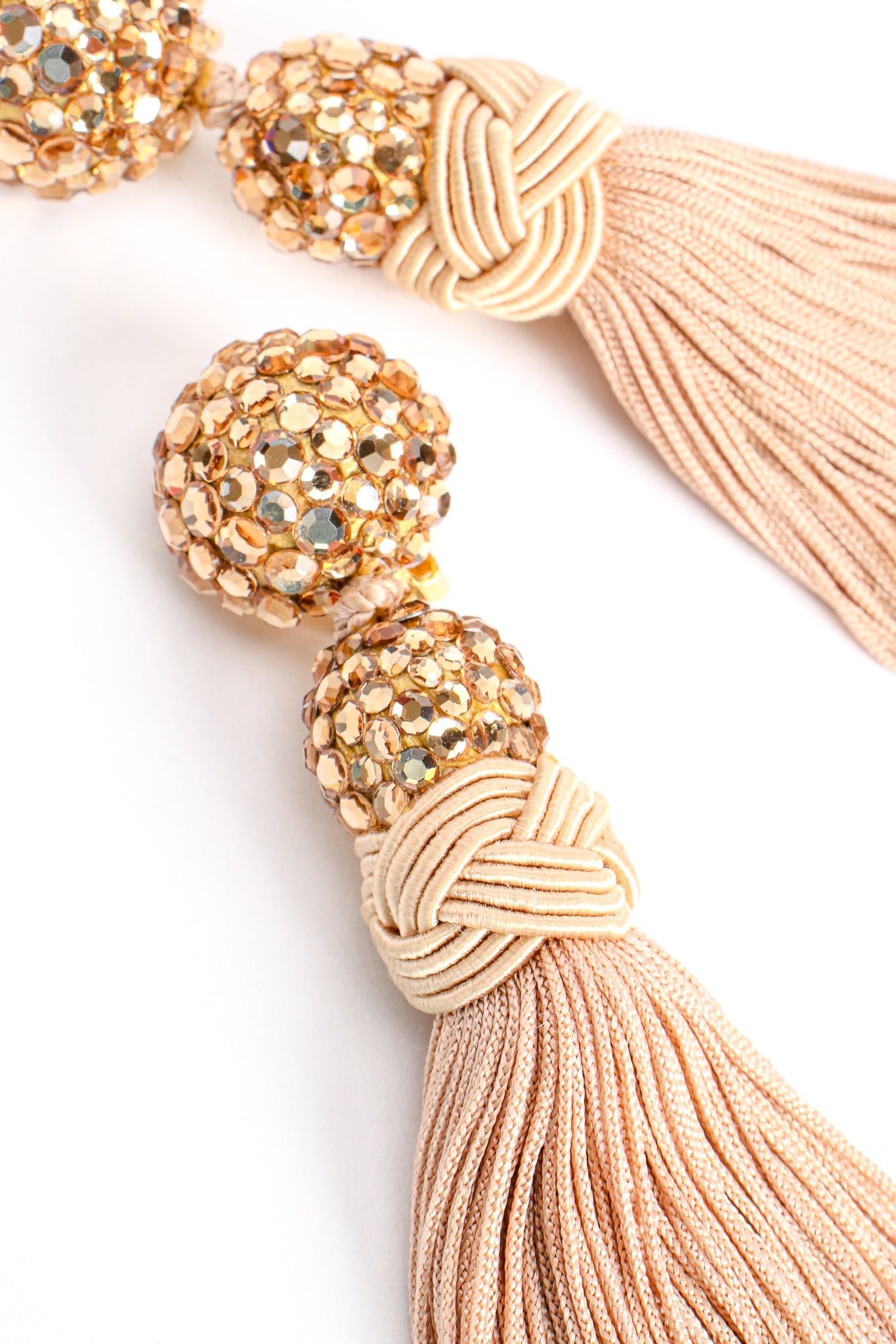 Vintage James Arpad Blush Long Tassel Earrings detail at Recess Los Angeles