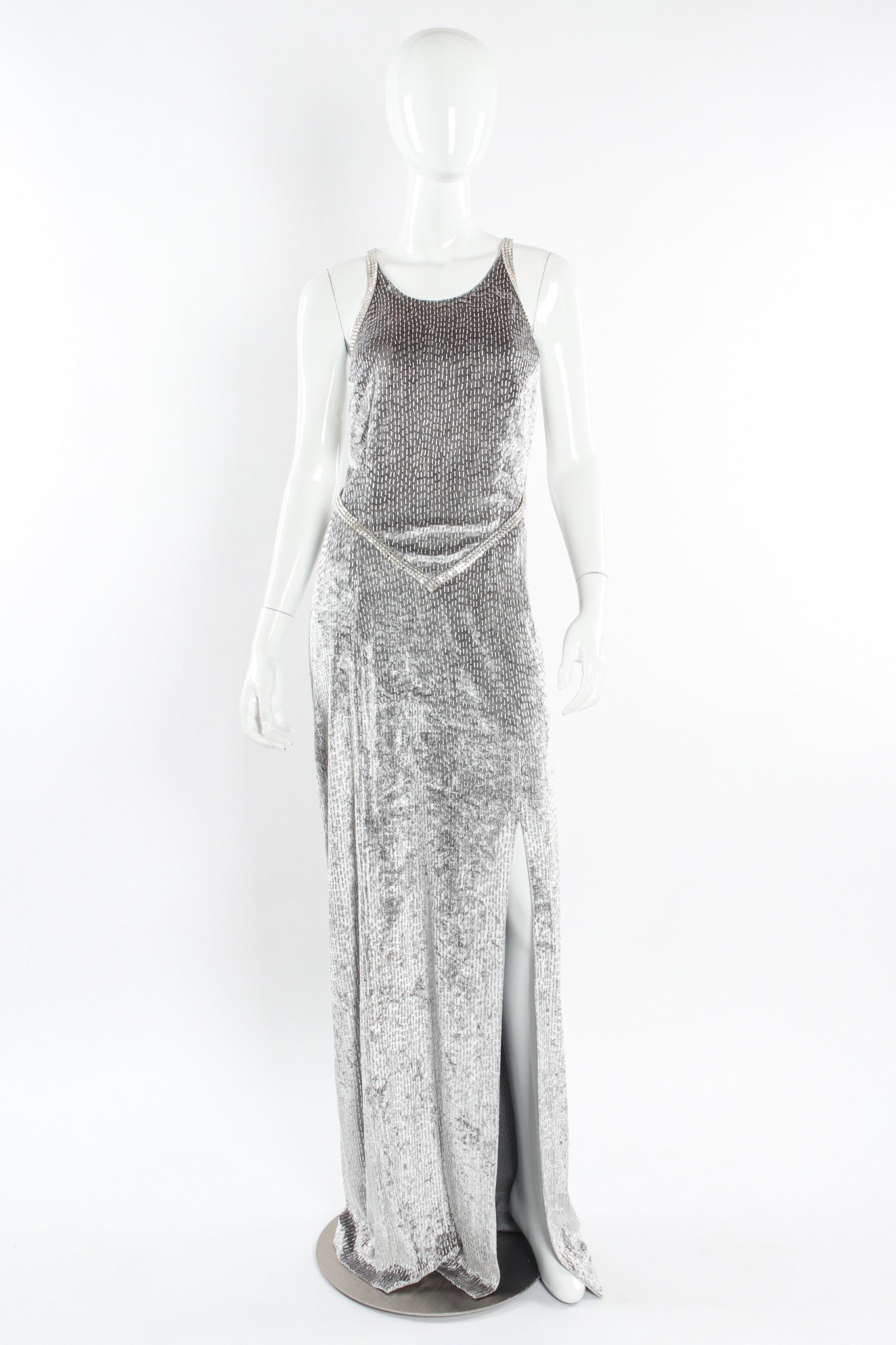 Vintage Janine Crushed Velvet Rhinestone Metallic Dress mannequin front @ Recess LA