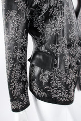 Vintage Jean Claude Jitrois Embroidered Collarless Leather Jacket on mannequin pocket at Recess LA