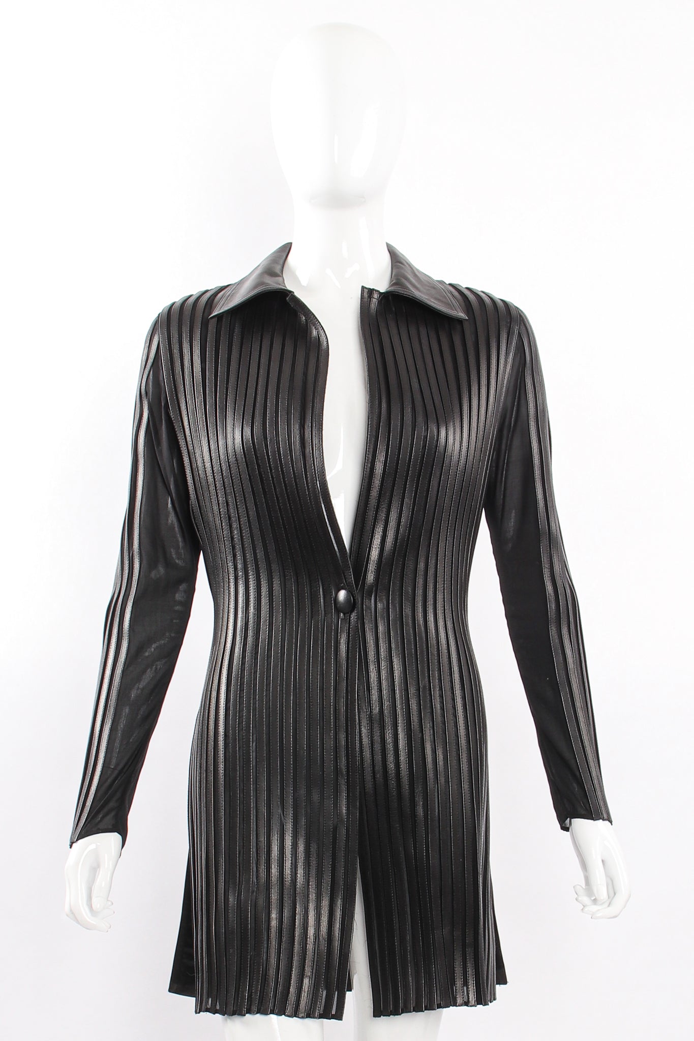 Vintage Jean Claude Jitrois Sheer Leather Striped Jacket Set on Mannequin jacket front @ Recess LA