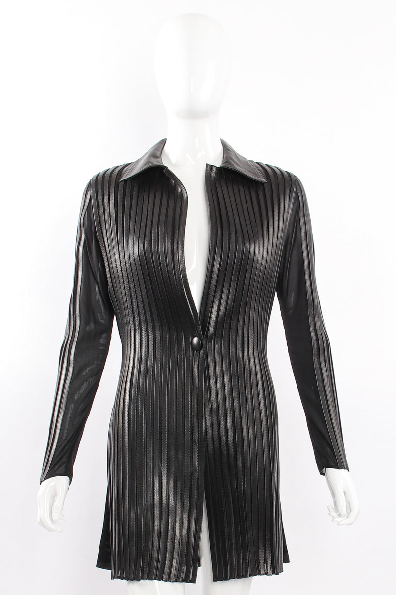 Vintage Jean Claude Jitrois Sheer Leather Striped Jacket Set on Mannequin jacket front @ Recess LA