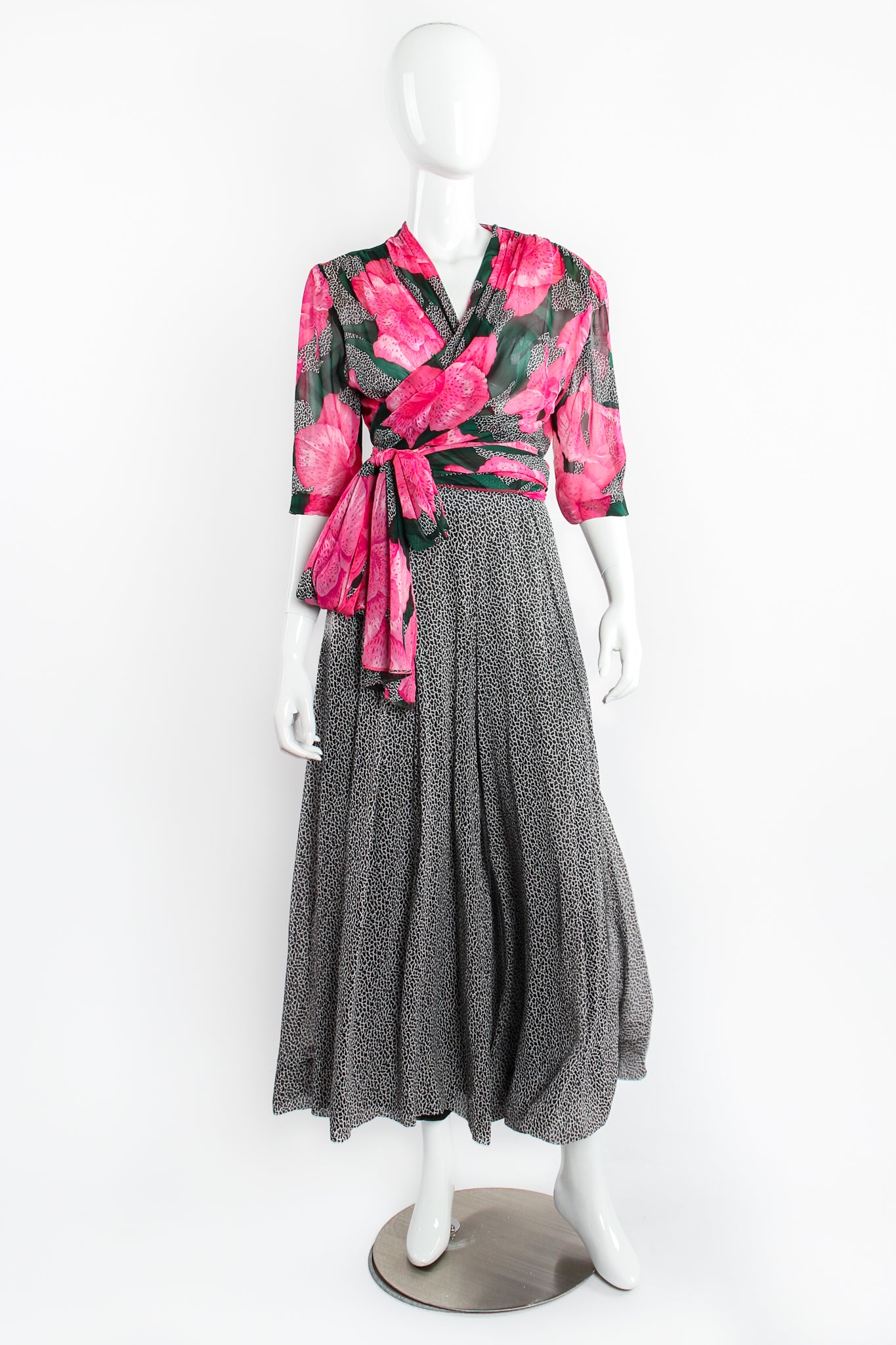 Vintage Jean Louis Scherrrer Sheer Floral Wrap Top & Palazzo Pant Set on Mannequin front at Recess