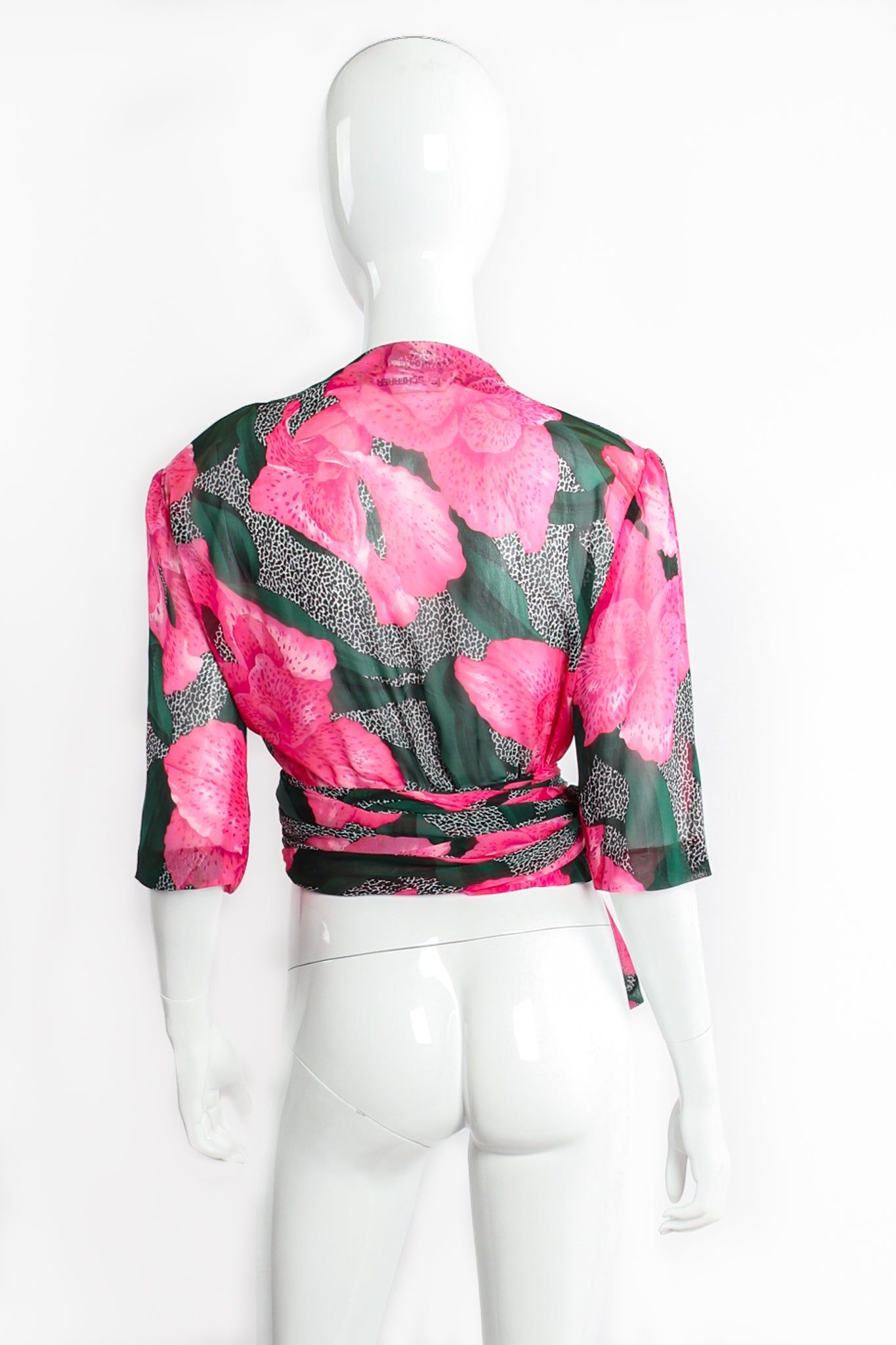 Vintage Jean Louis Scherrrer Sheer Floral Wrap Top & Palazzo Set on Mannequin back at Recess