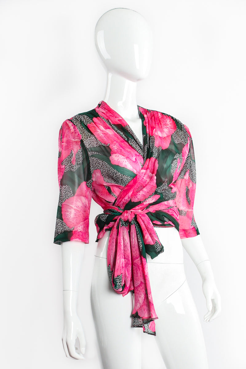 Vintage Jean Louis Scherrrer Sheer Floral Wrap Top & Palazzo Set on Mannequin front at Recess