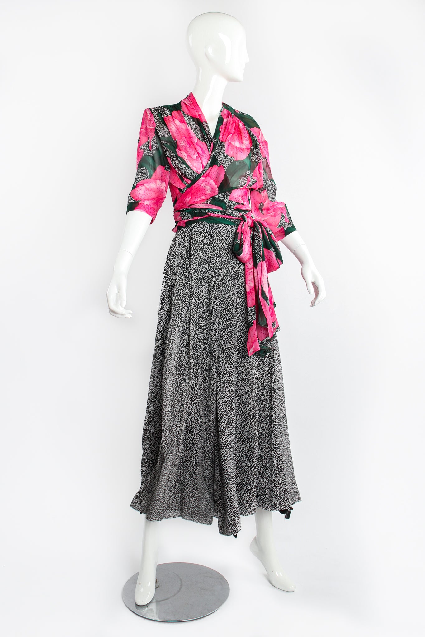 Vintage Jean Louis Scherrrer Sheer Floral Wrap Top & Palazzo Pant Set on Mannequin front at Recess