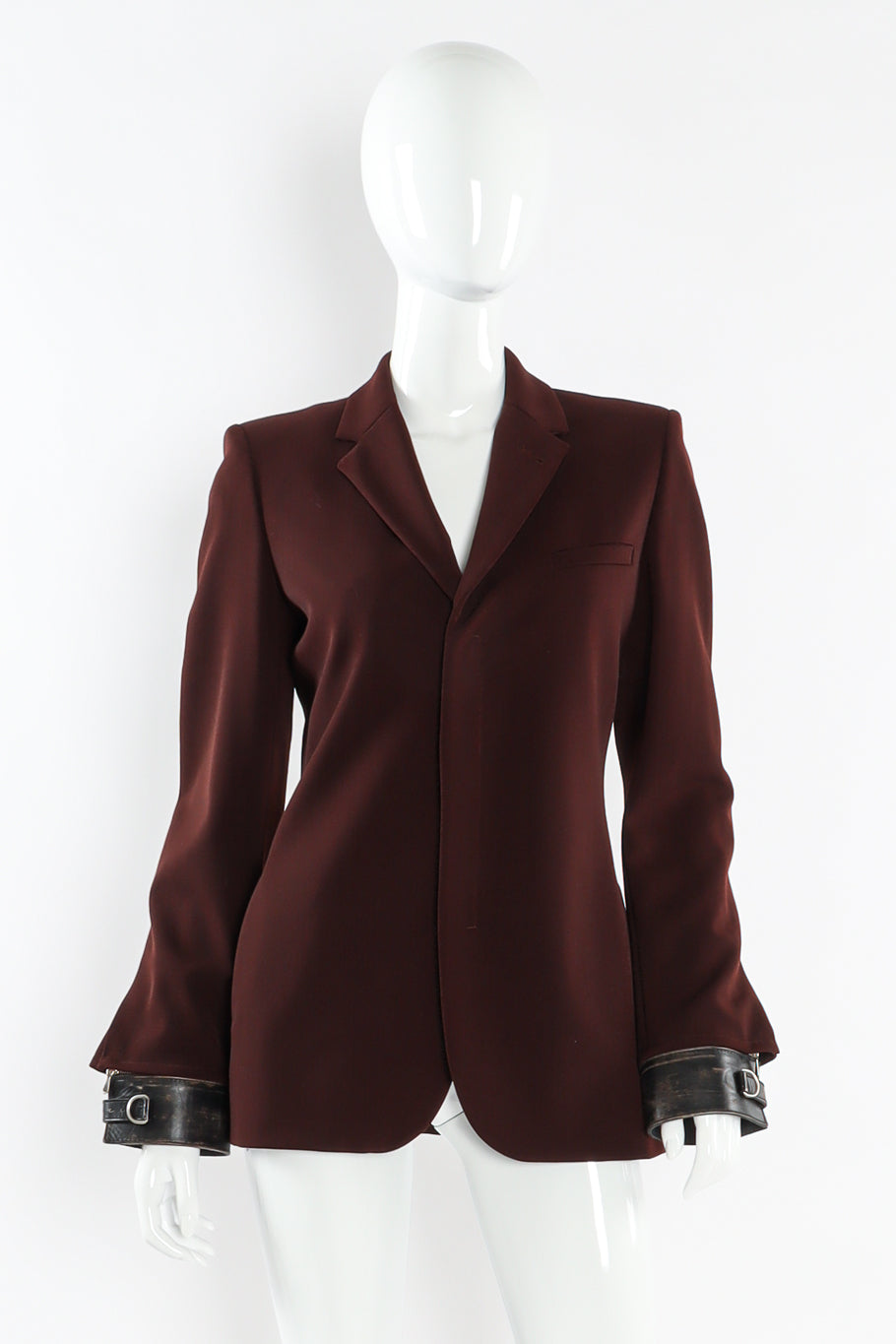 Vintage Jean Paul Gaultier Leather Cuff Wool Blend Jacket mannequin front @ Recess LA