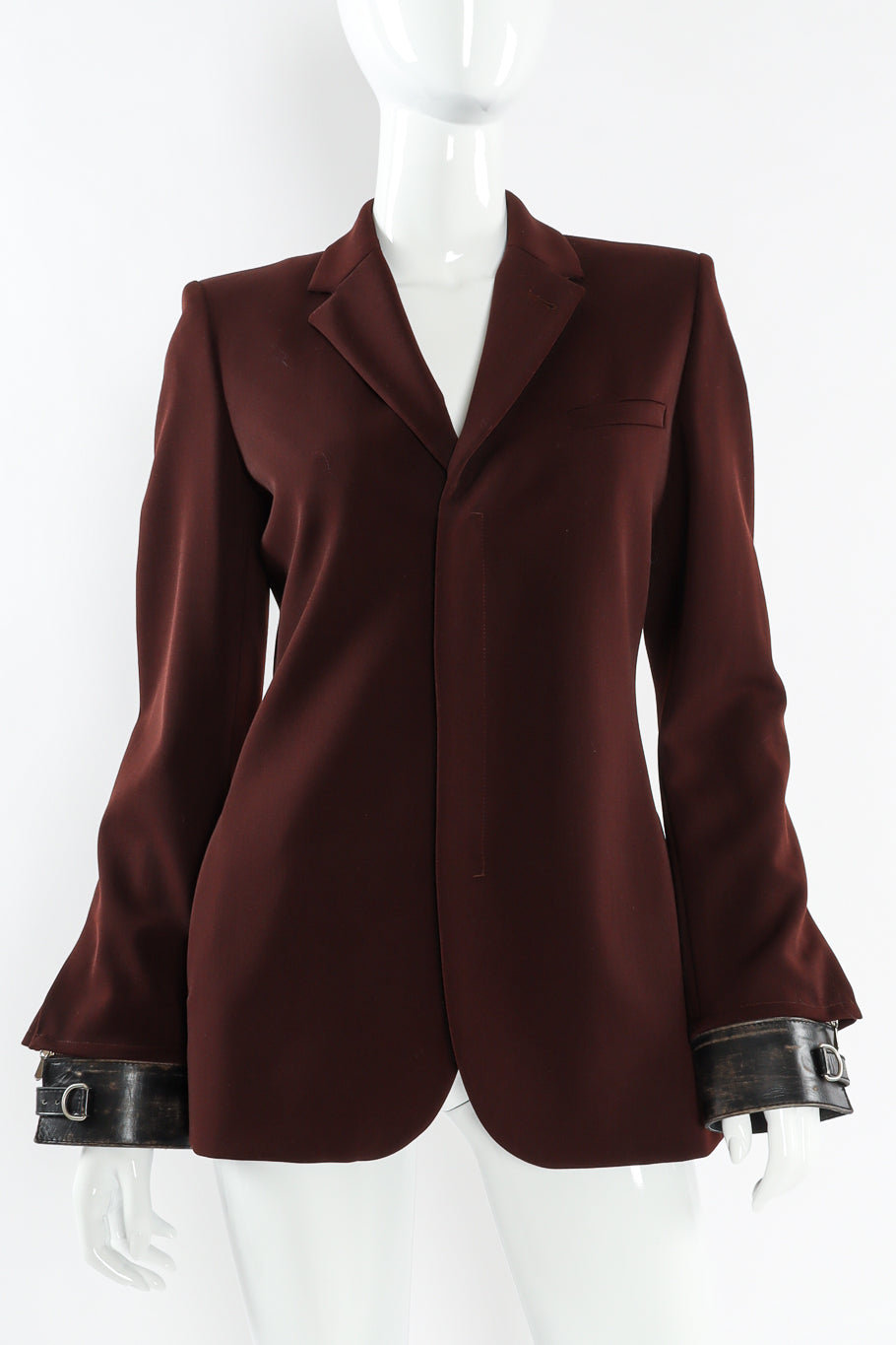 Vintage Jean Paul Gaultier Leather Cuff Wool Blend Jacket mannequin front close @ Recess LA