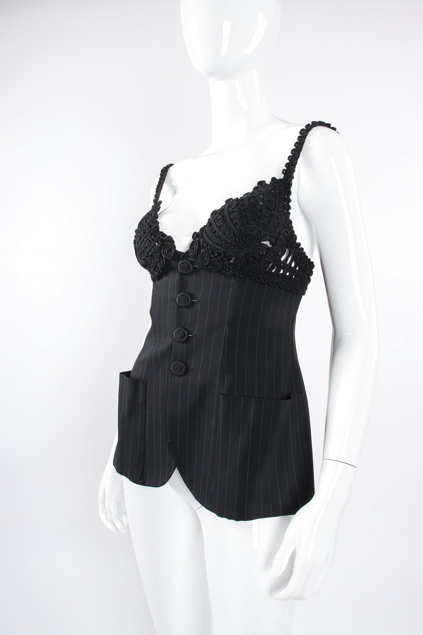 Vintage Jean Paul Gaultier Pinstripe Bustier Bra Jacket on Mannequin crop at Recess Los Angeles