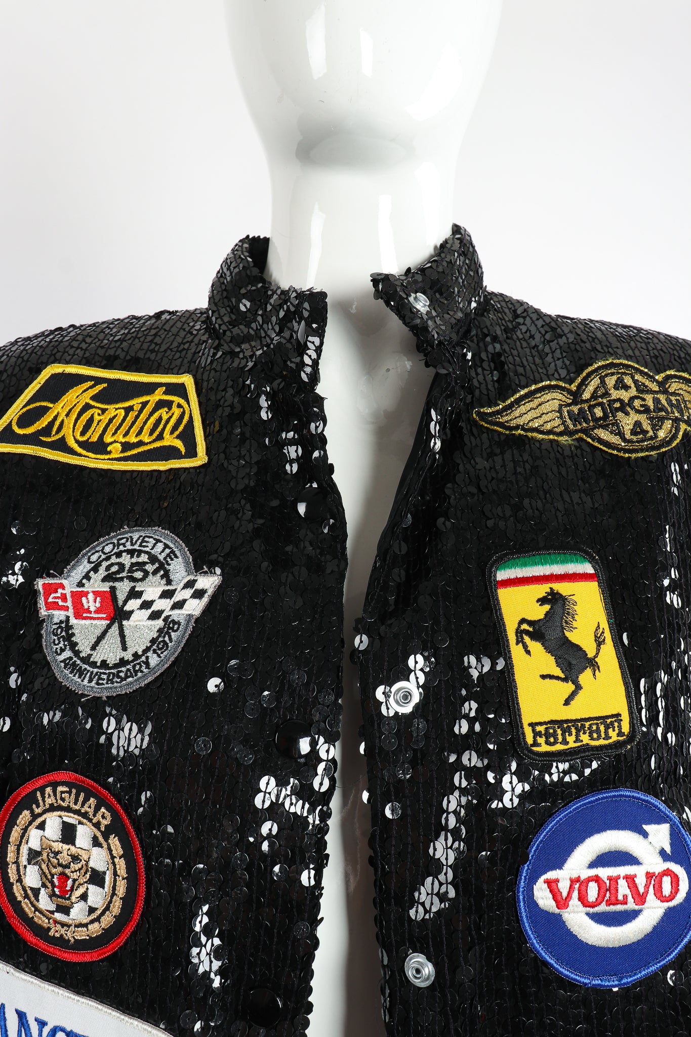 Vintage Jeanette Kastenberg St Martin Sequined Formula 1 Bomber on Mannequin neck at Recess LA