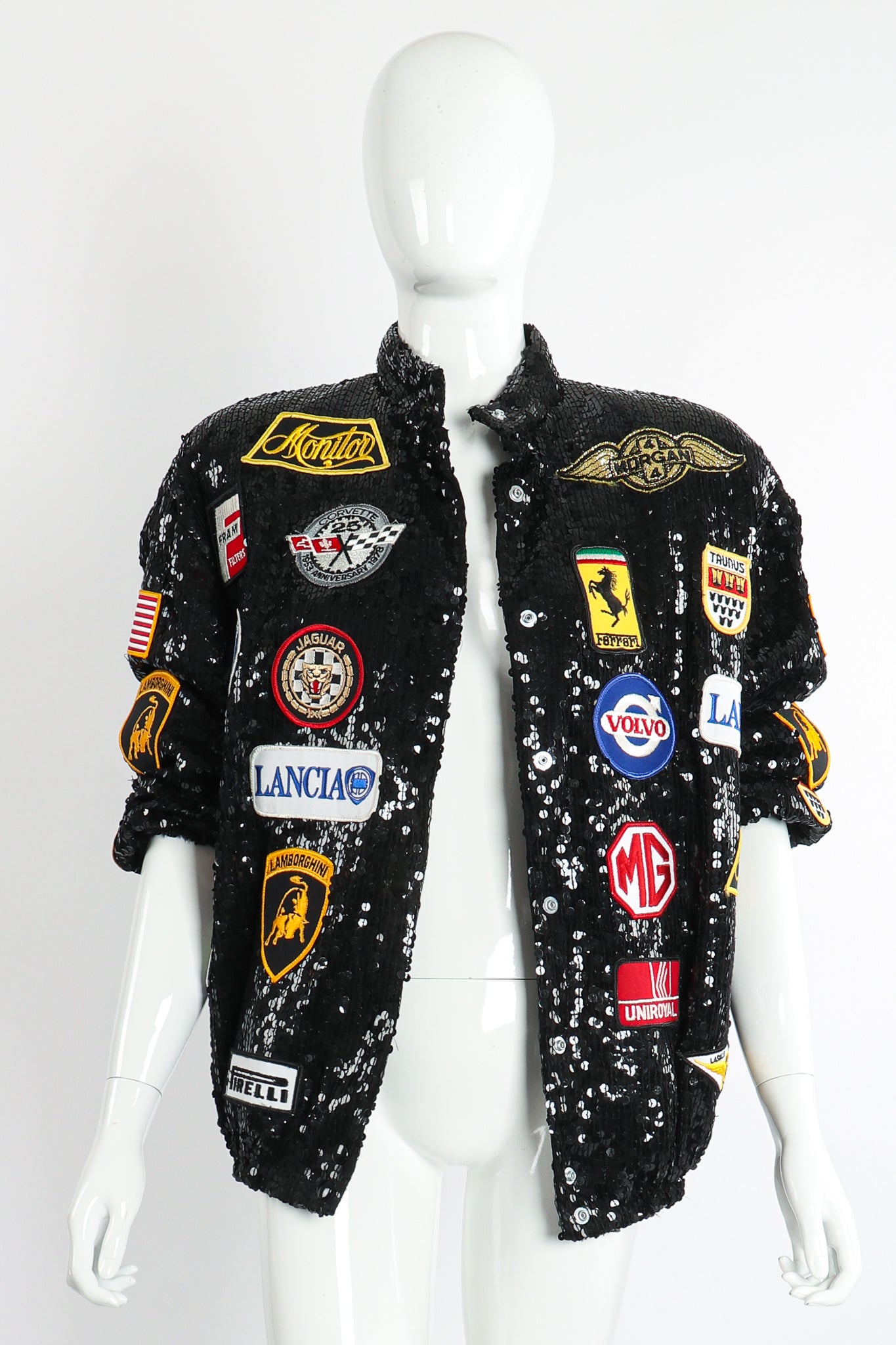 Vintage Jeanette Kastenberg St Martin Sequined Formula 1 Bomber on Mannequin open at Recess LA