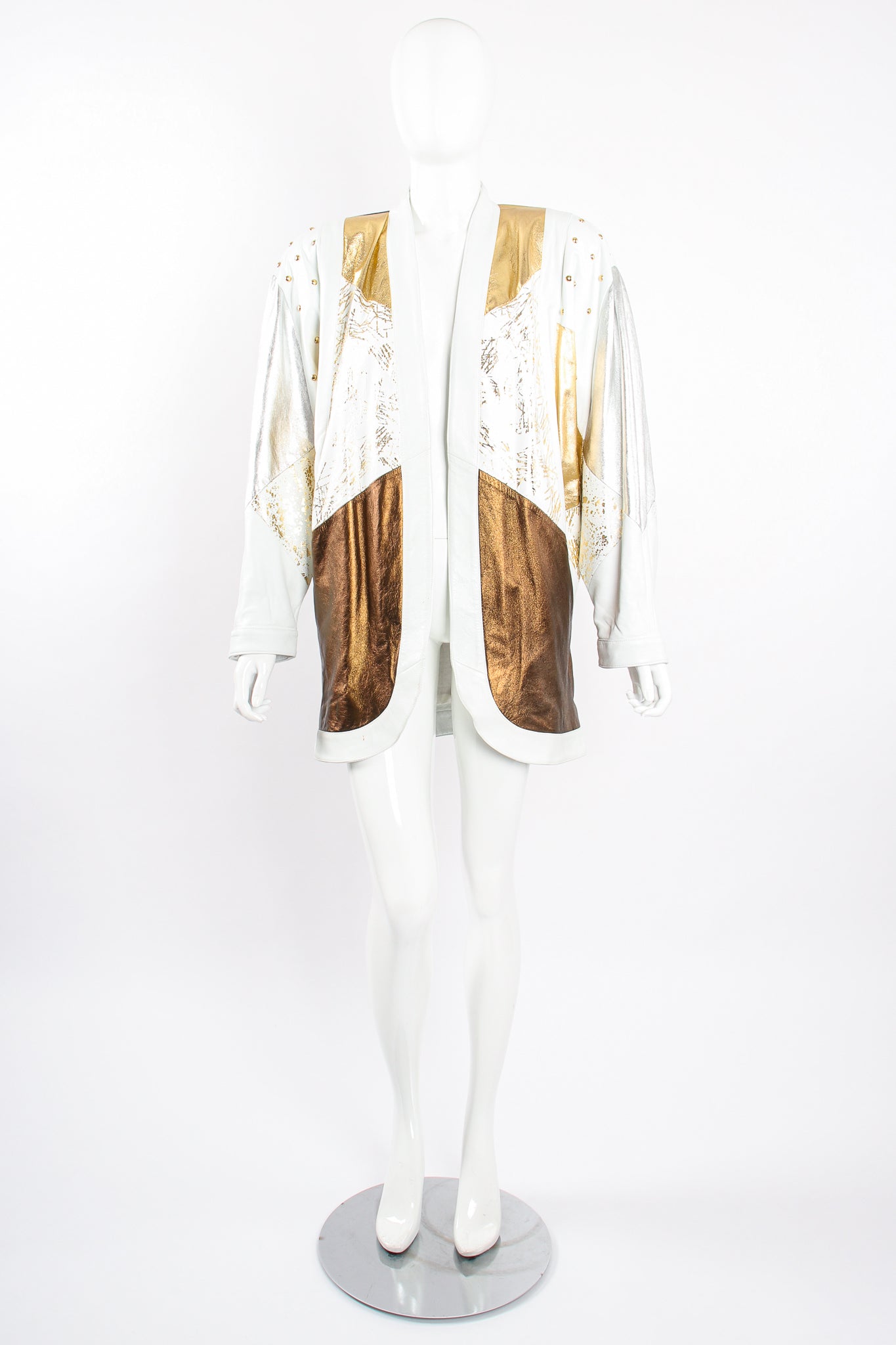 Vintage Jerusalem Leather Gold Leather Lamé Open Jacket on Mannequin front at Recess Los Angeles