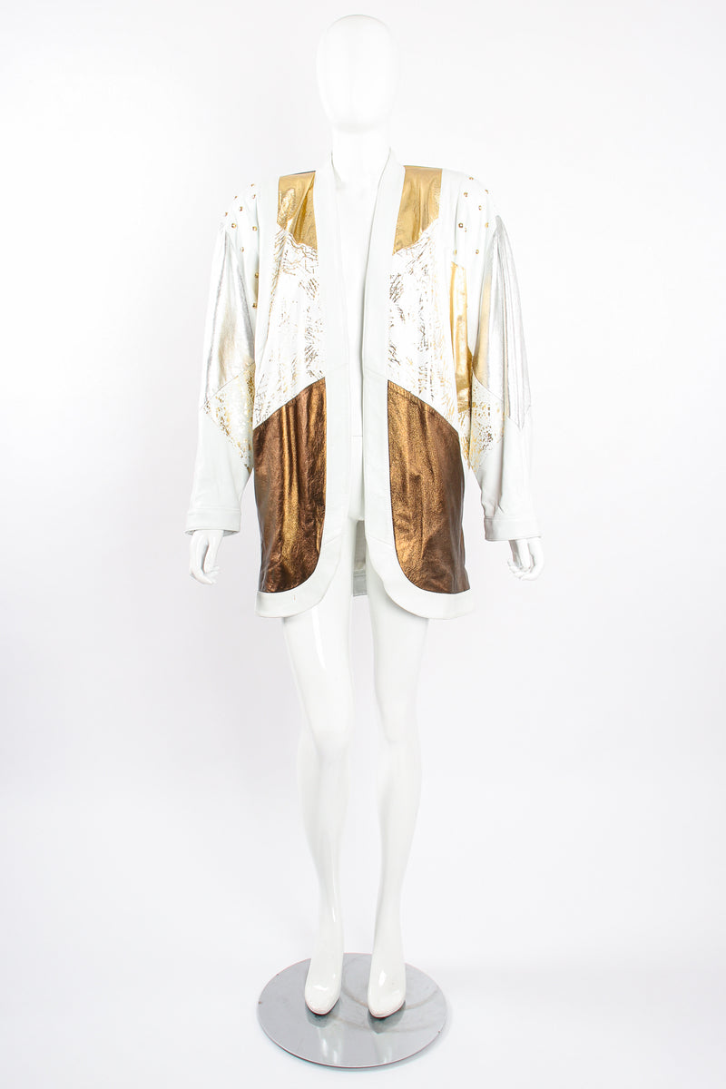 Vintage Jerusalem Leather Gold Leather Lamé Open Jacket on Mannequin front at Recess Los Angeles